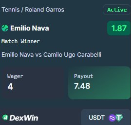 OnChainVerse's tweet photo. Emilio Nava is ready to secure the win against Camilo Ugo Carabelli at Roland Garros. Just put down 4 $USDT for a solid 7.48 $USDT payout. Getting my Betting Picks Today on @DexWin_Sports. Locked in 🎾🔥 https://t.co/GAXrS9jwCZ