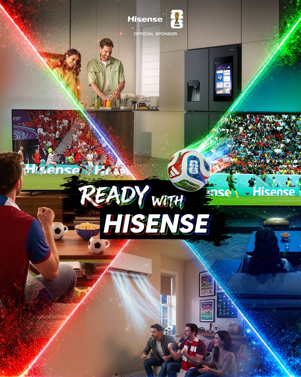 HisenseSports's tweet photo. Last week, we showed you four ways to get ReadyWithHisense.
Keep cool with the Hisense Airmaster
Color every game with the Hisense RGBMiniLED
Supersize every moment with the Hisense Laser TV L9Q
Stock up for gameday with the Hisense PureFlatSmartSeries
Don't forget to share your match-day setup using ReadyWithHisense for a chance to win FIFA World Cup 2026™ tickets. It's your last chance, event ends soon!