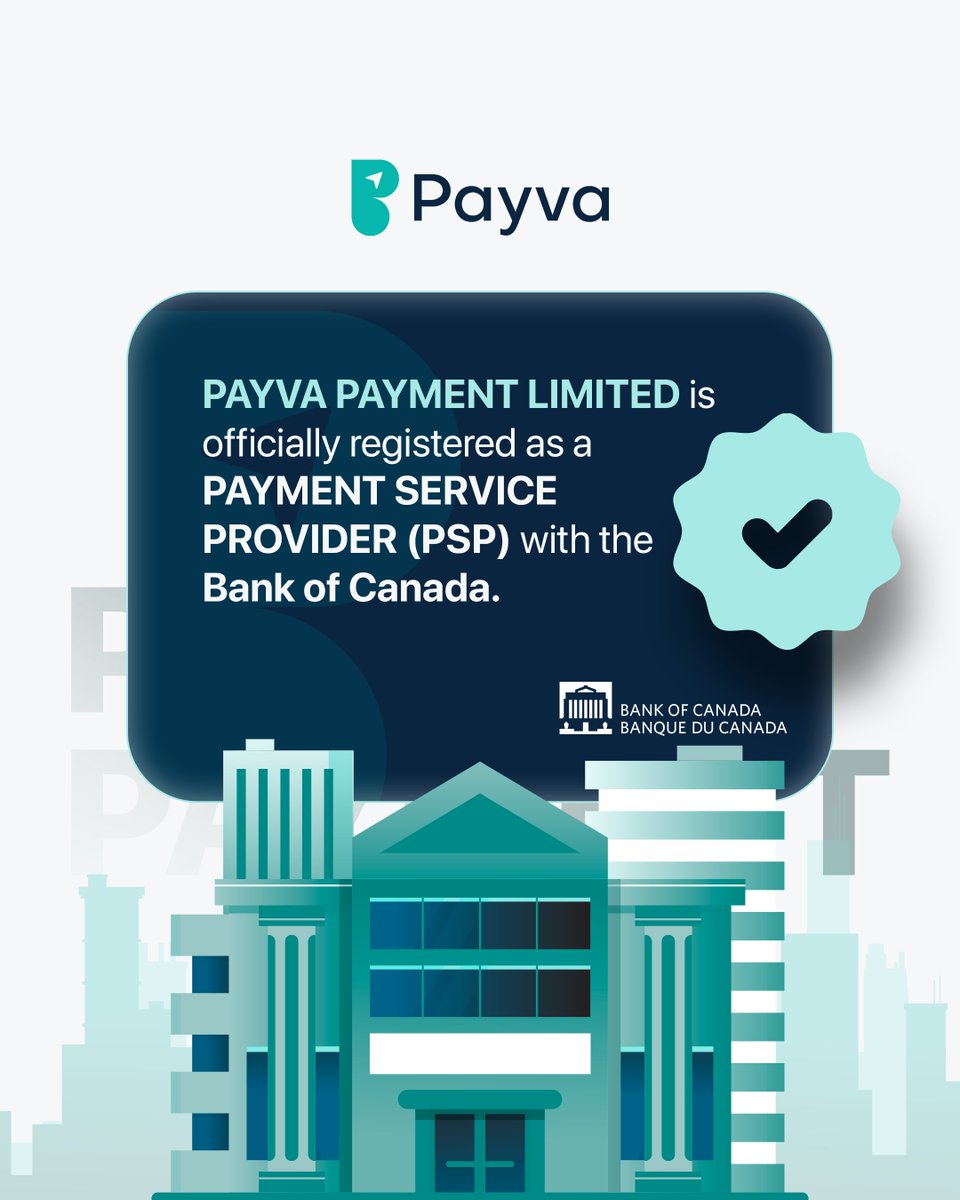 Payvapayment's tweet photo. We’re officially registered as a Payment Service Provider (PSP)  with  The @bankofcanada 

What that means for you?

✅Your money is in safe, regulated hands

✅ Fast payments alongside Zero compromise on security is now guaranteed.

You are watching our Payva Story Unfold.🇨🇦 https://t.co/0o7QnG08v3