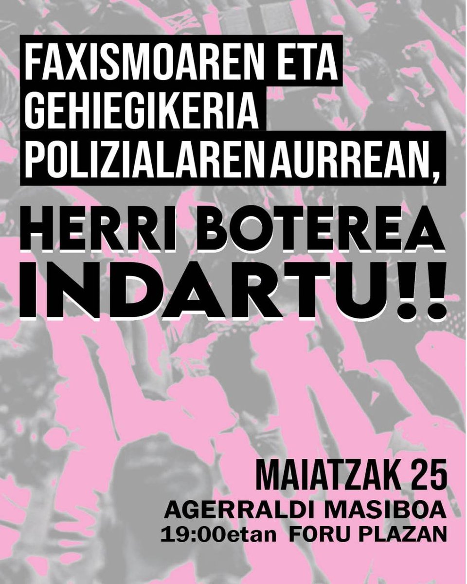 halabedi's tweet photo. Bajo el lema “Frente al fascismo y el abuso policial, fortalecer el poder popular”, mas de cuarenta colectivos han mostrado su rechazo a los sucesos de las pasadas semanas, y han hecho un llamamiento conjunto para comparecer hoy, en la plaza de los Fueros en Gasteiz, a las 19:00. https://t.co/rI2N4rTdQX