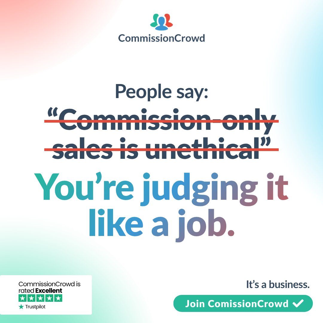 CommissionCrowd's tweet photo. “Commission-only sales is unethical.”

Only if you think it’s a job.
It’s not.
It’s entrepreneurship.
No revenue → no income
More revenue → more upside
That’s the model.

👉 Learn more:
https://t.co/l5X9C6kSnJ

#CommissionOnly #B2BSales #Sales https://t.co/rNS65KnBnc
