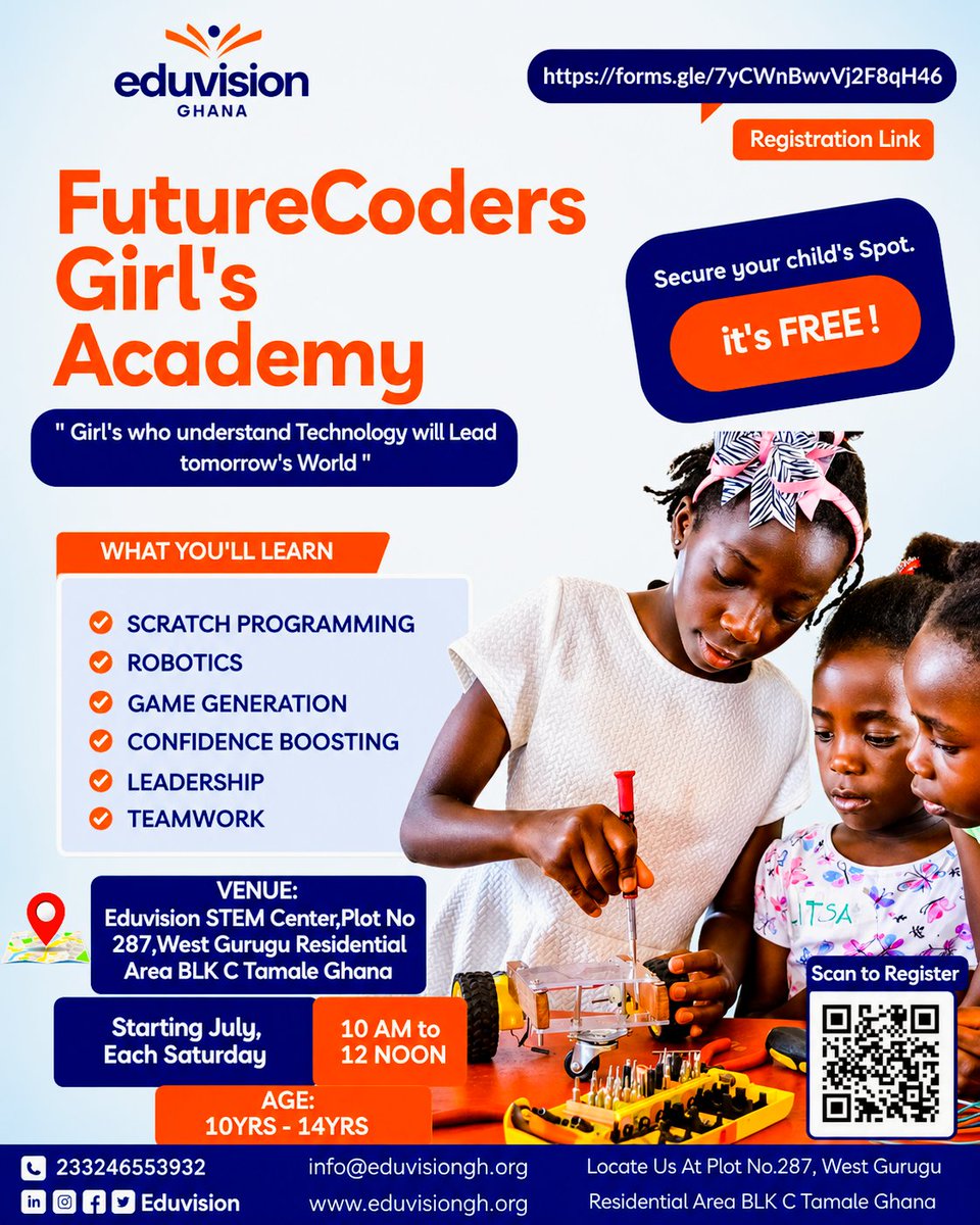 eduvisiongh_'s tweet photo. ๐ FUTURECODERS GIRLSโ ACADEMY ๐
Empowering girls aged 10โ14 with coding, robotics, leadership, and teamwork skills. Join Eduvision Ghana every Saturday from July. Registration is FREE! ๐ปโจ #GirlsInSTEM #FutureCoders #EduvisionGhana https://t.co/2rGZpNBqRM