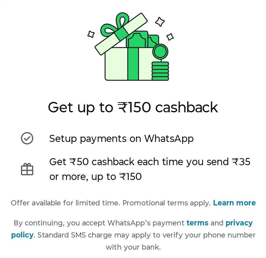 GrowDealz's tweet photo. 🔥WhatsApp New Upi Offer 

Get ₹150 Cashback On Send 3 Upi Send Money 

Do ₹35 Send Money &amp; Get ₹50 Cashback 

Showing In Maximum WhatsApp Account, , Check Yours https://t.co/CYfc1XsPoL