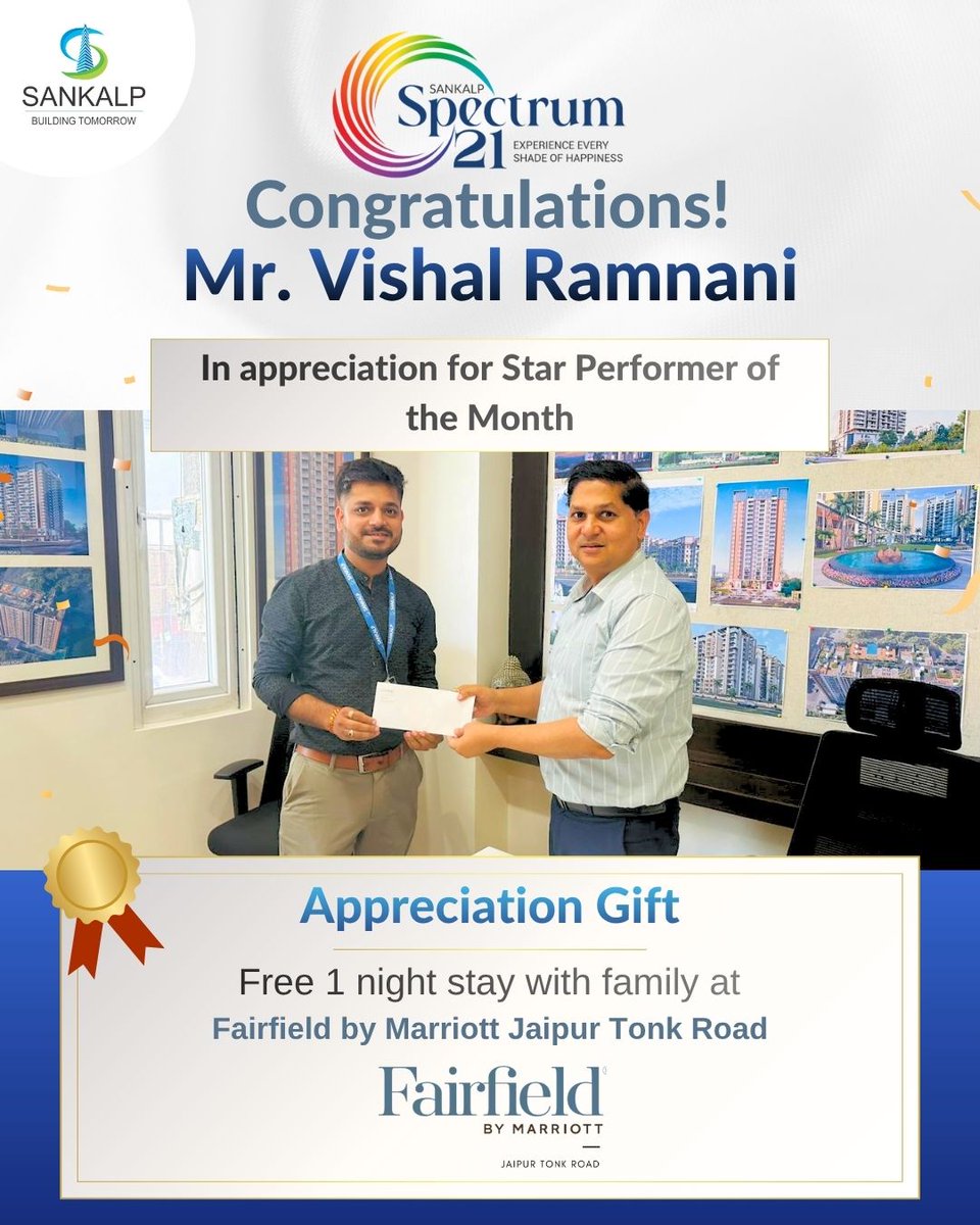 sankalp_builder's tweet photo. Congratulations to Vishal Ramnani for achieving the highest bookings at Spectrum 21 🎉
Honoured by Vikas Jain Sir for his outstanding dedication and performance. Wishing you continued success ahead! 🚀

#TeamSuccess #TopPerformer #Spectrum21 #SalesSuccess https://t.co/4JuCmULmfY