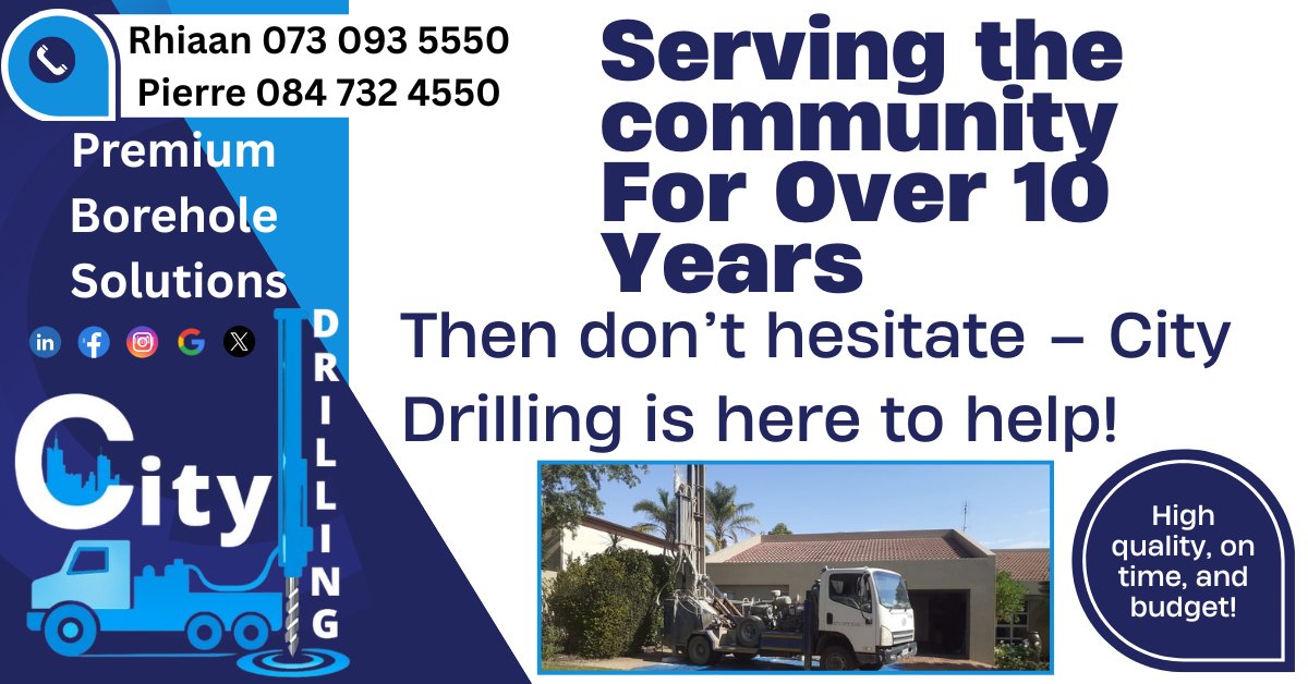 city_drilling's tweet photo. Borehole Drilling. Best prices. Best services. Specialize in small spaces. Boorgat sinking met beste pryse en beste diens.  Boor ook in klein spasies. https://t.co/oXbslUneRt