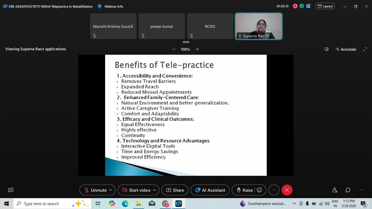 CRCDVG's tweet photo. On 20th May 2026, Composite Regional Centre Davanagere conducted an RCI approved National Level Online CRE on “Telepractice in Rehabilitation” for 120 Participants. Speakers Sh.Praseen Kumar, Asst. Prof. SN Medical College, &amp; Ms. Suparna, Asst. Prof https://t.co/fHJZWqKzhQ