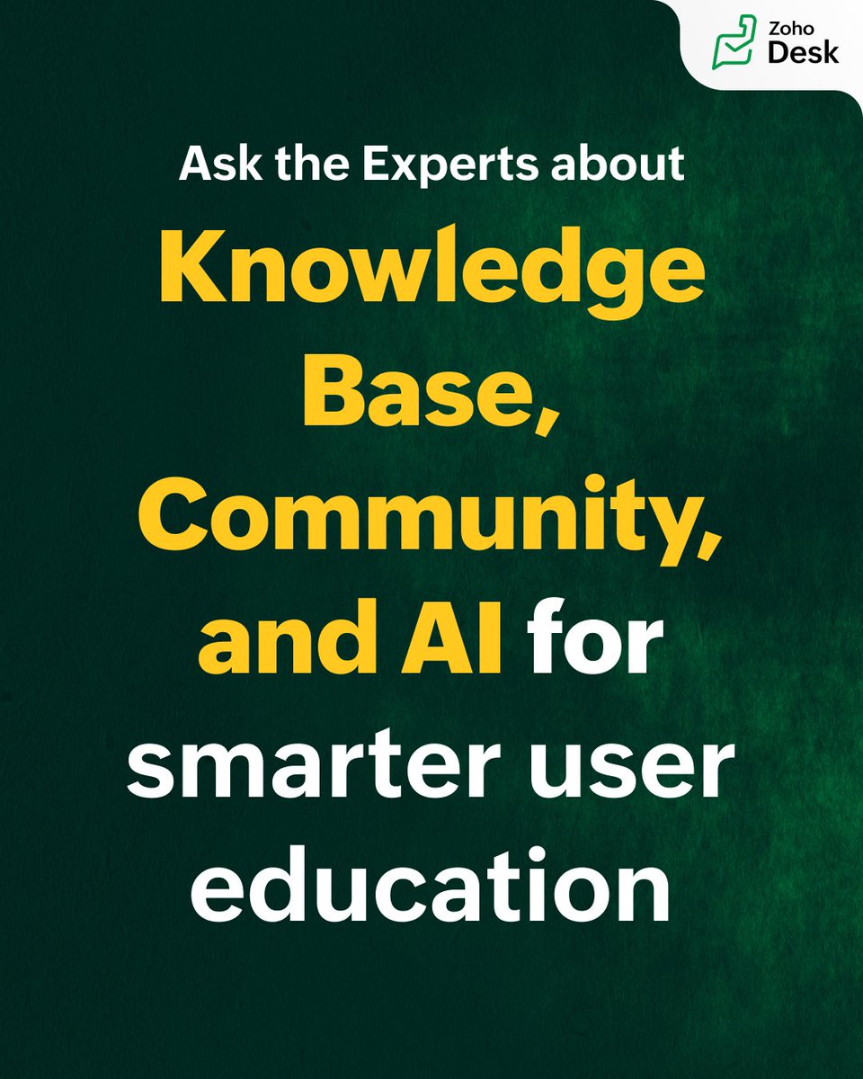 ZohoDesk's tweet photo. Your customers want to help themselves. Are you making it easy enough?

Join us live on May 28 as our experts answer all your questions about knowledge base, community, and AI-powered self-service in Zoho Desk.

Register here: https://t.co/AaI40HePiv https://t.co/r2lkUEWIrT