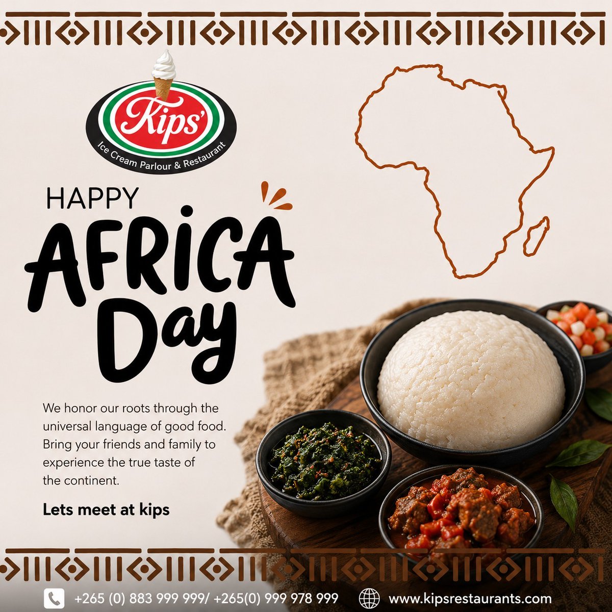 kipsrestaurants's tweet photo. Happy Africa Day!
No better way to honor Mama Africa than with friends, family, and a full plate at #Kips 😉
#LetsMeetatKips #AfricaDay #Malawi #africanfood https://t.co/IlT794ZlBx