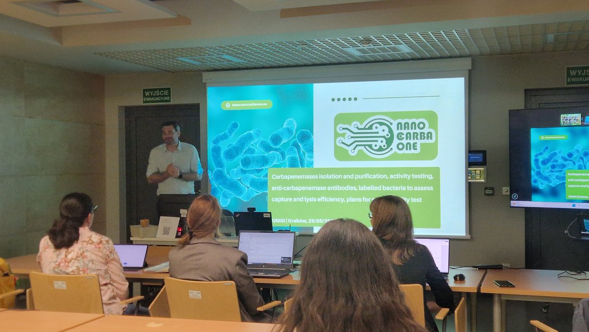 NanoCarbaOne's tweet photo. 🎙️ Pawel Jerzy (@redoxme) presents the latest progress on the NanoCarbaOne integrated prototype. 

🎙️ Jean-Denis Docquier (@unisiena) and Anna Rull (CIBER) share updates on carbapenemases isolation, clinical samples collection and ethics status. https://t.co/WD20QzF0s2