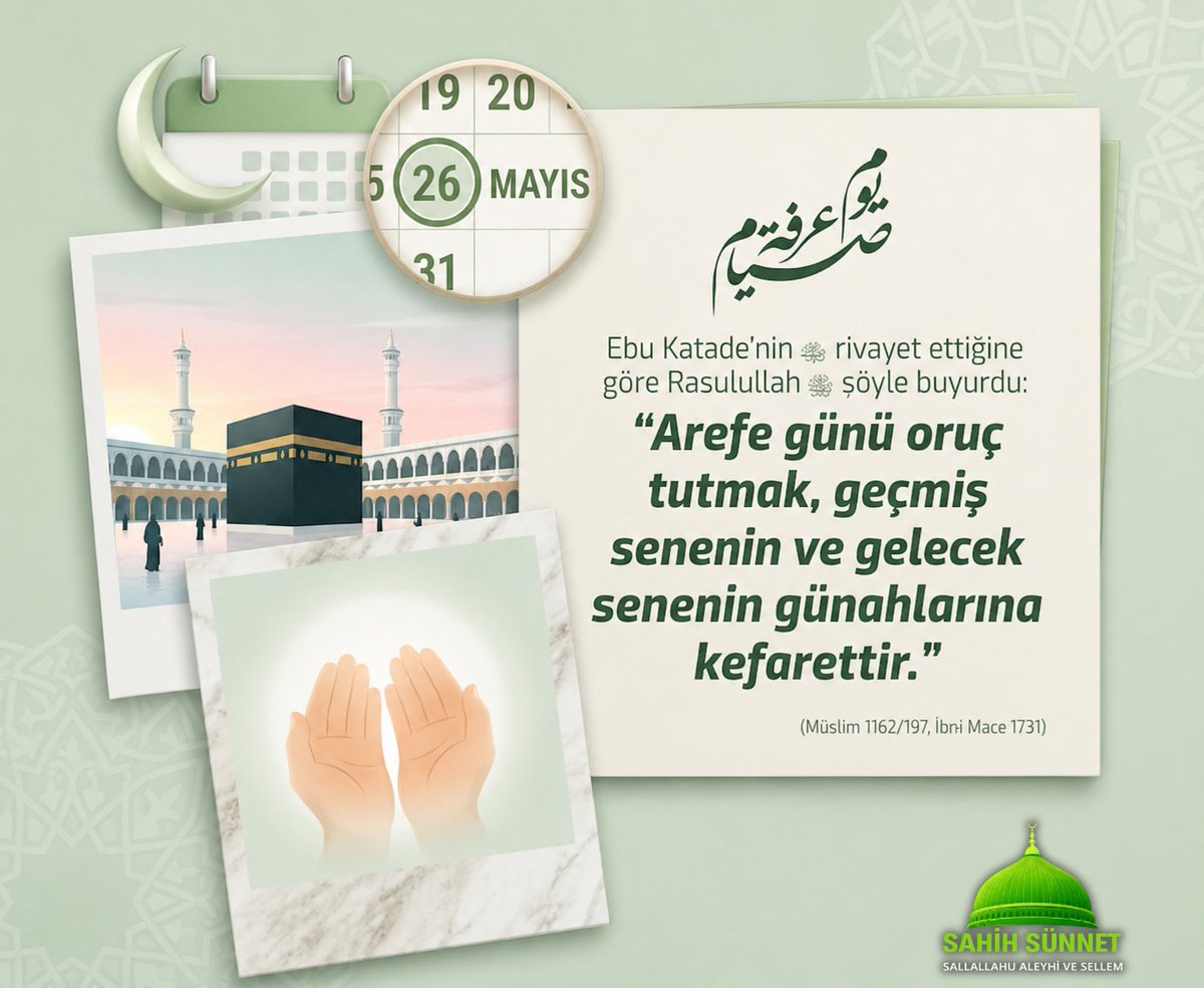 sahihsunnet7's tweet photo. Yarın Arefe günü. Hacda Arafatta olmayanlar için yapılacak en güzel amellerden biri oruç tutmaktır. https://t.co/hUwD4ttyys