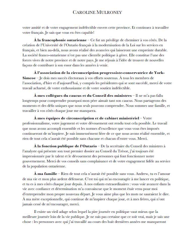 C_Mulroney's tweet photo. Hier, j’ai informé le premier ministre Ford de ma décision de quitter le Conseil des ministres et de démissionner de mon siège à l’Assemblée législative de l’Ontario, à compter du 5 juin.

Au premier ministre Ford, aux citoyens et citoyennes de York-Simcoe, à la francophonie ontarienne, à l’association PC de York-Simcoe, à mes collègues du caucus et du Conseil des ministres, à mes équipes de circonscription et de cabinet ministériel, à la fonction publique de l’Ontario ainsi qu’à ma famille: merci.