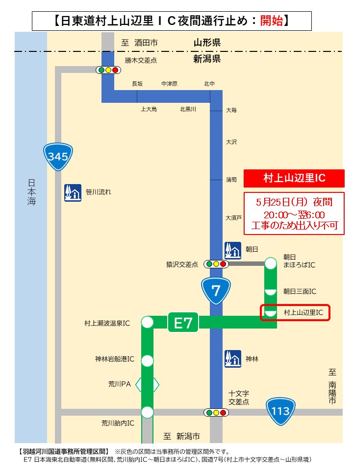 mlit_uetsu's tweet photo. 【日東道村上山辺里ＩＣ夜間通行止め：本日実施】
時間：5月25 日(月)、20:00～翌6:00
区間：E7日東道　村上山辺里IC出入り口
内容：県道舗装工事のため村上山辺里ICでの出入りができません。
#日東道　#通行止 https://t.co/b5fYjCglL9