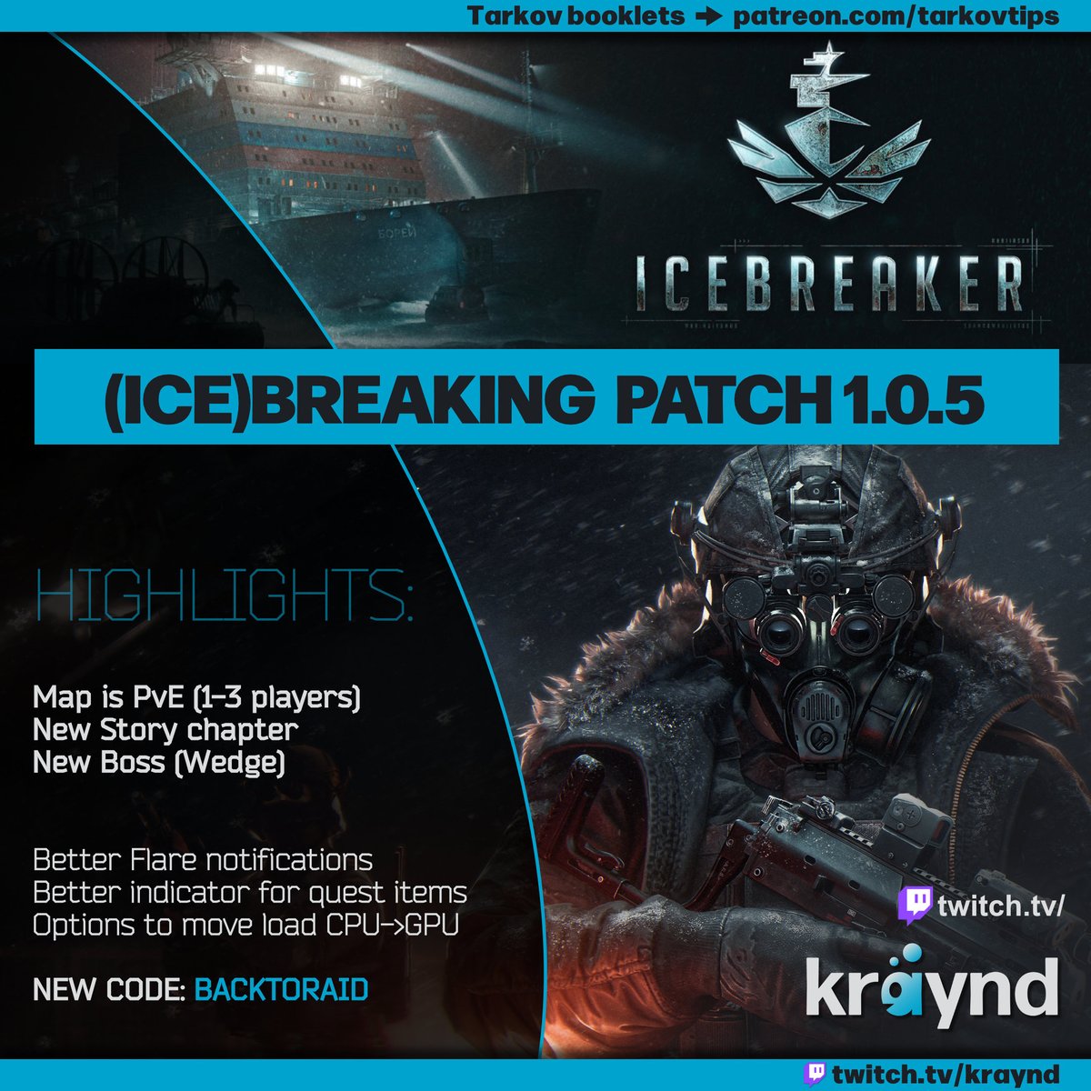 tarkovtips's tweet photo. New patch is being installed right now. New location (probably reachable via transits) is a PvE-only Icebreaker (probably changes to PvP after the event).
New Launcher Code: BACKTORAID https://t.co/JDOrfTP7Pf