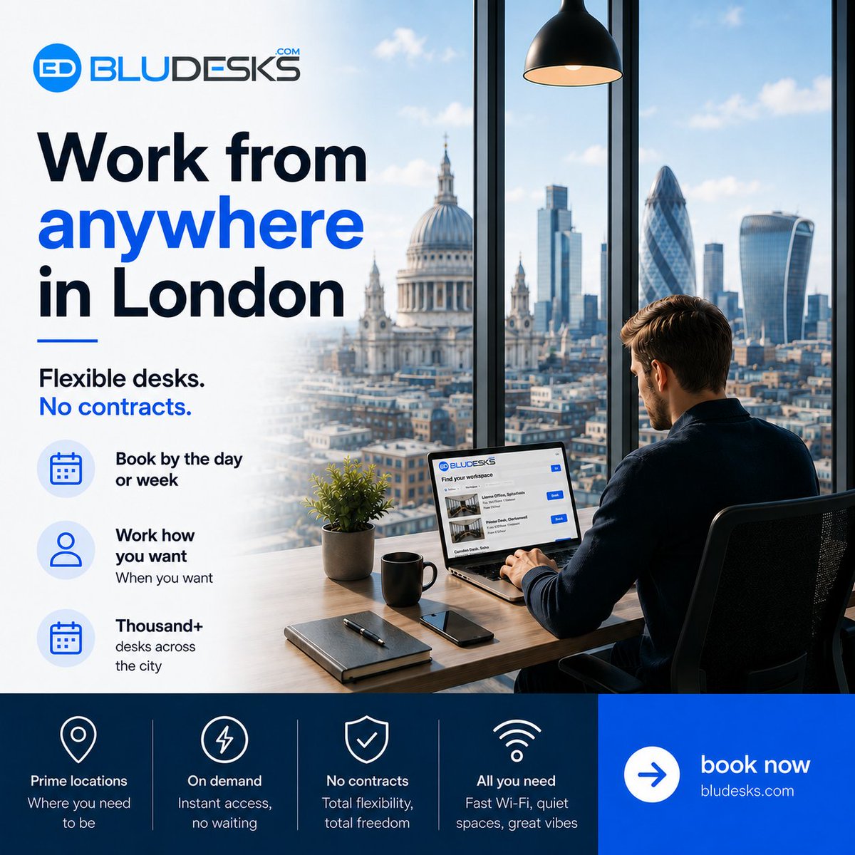 BluDesksCom's tweet photo. Work from anywhere in London.

Flexible desks. No contracts. No commitments.

Book Now
https://t.co/HUTuYnq0A3 

#BluDesks #LondonCoworking #FlexibleWork #RemoteWorking https://t.co/wv2oOk5sHo