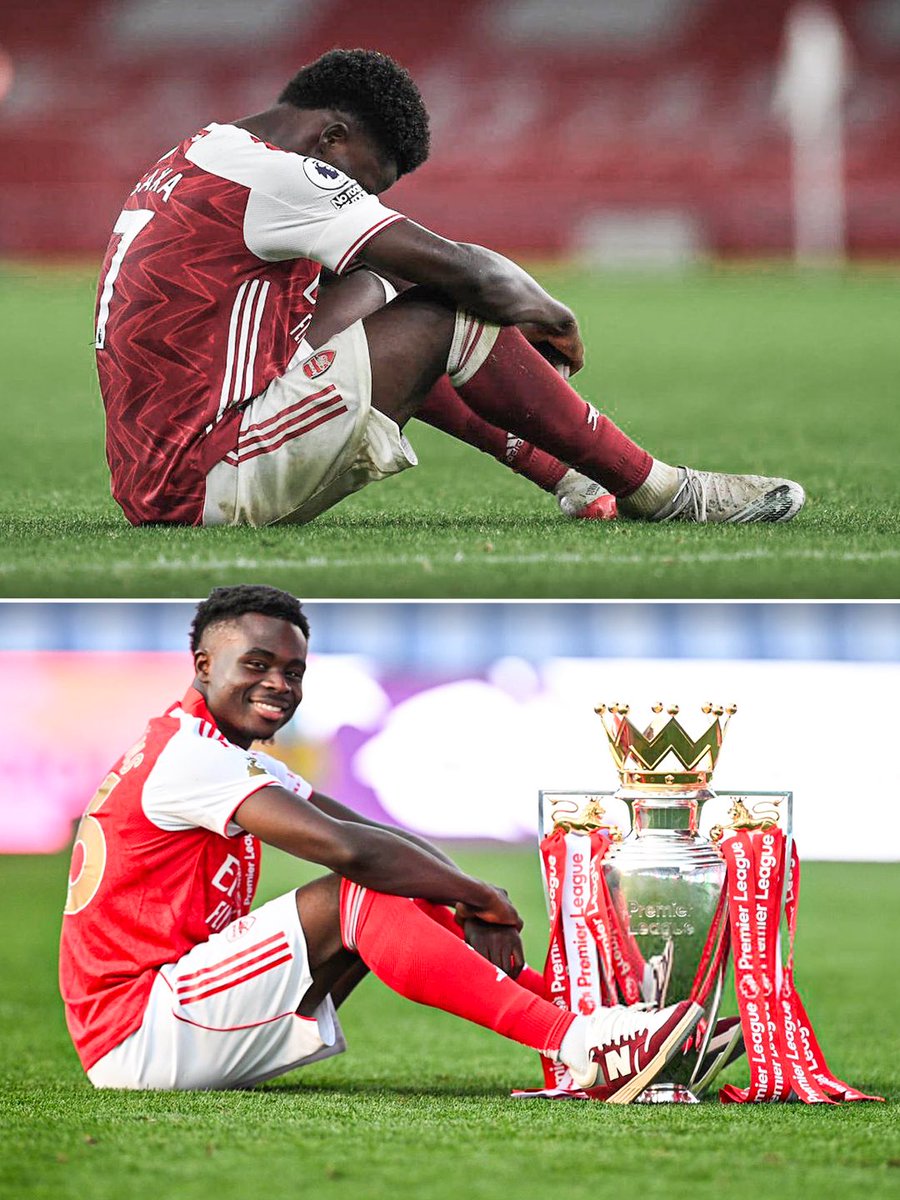 Matchbuzz24's tweet photo. Bukayo Saka recreated the pic from 2020 when you posted: “You deserve more, Arsenal fans”.

…and he delivered. ❤️🤍🏆  #Football #EPL #ChampionsLeague #AFC @Arsenal https://t.co/BJfX24Jb9x