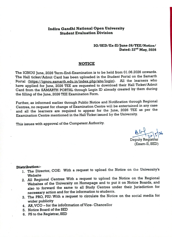 IGNOU_Hyderabad's tweet photo. The Hall ticket/Admit Card has been uploaded in the Student Portal on the Samarth Portal.  Notification has been attached for your kind information please. https://t.co/BdVkasQbwC