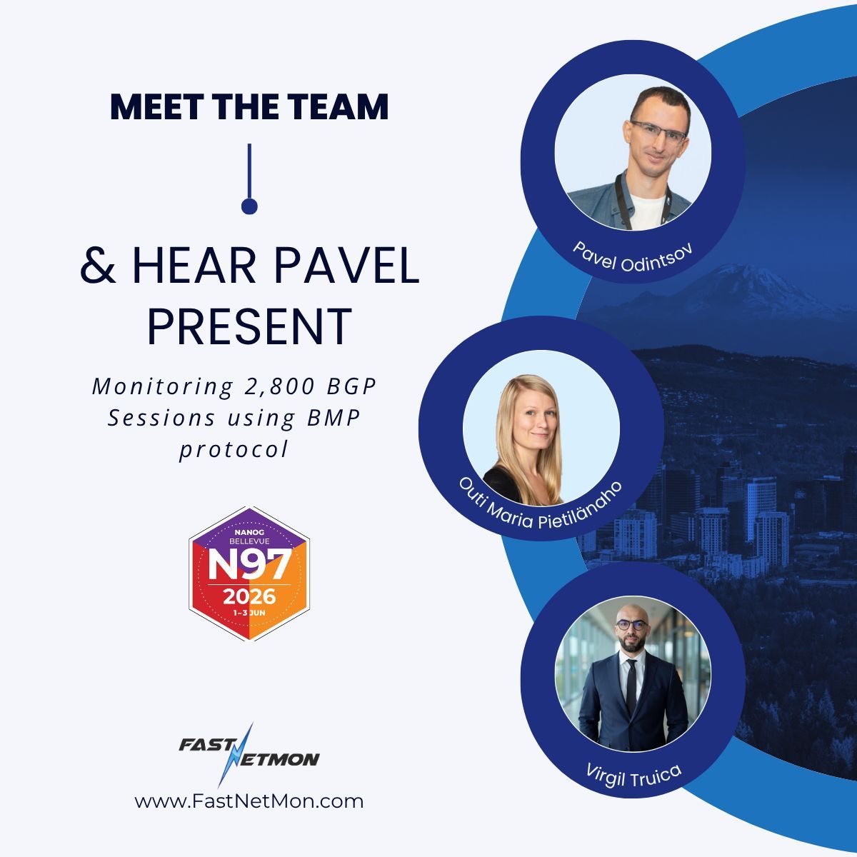 FastNetMon's tweet photo. The FastNetMon team will be at #NANOG97 in Bellevue, WA (June 1–3).

Pavel Odintsov is speaking June 3 — Monitoring 2,800 BGP Sessions using BMP protocol.

Book a meeting ahead of time 👉 https://t.co/XNFTtbS9wT https://t.co/wEIyFbkEzH
