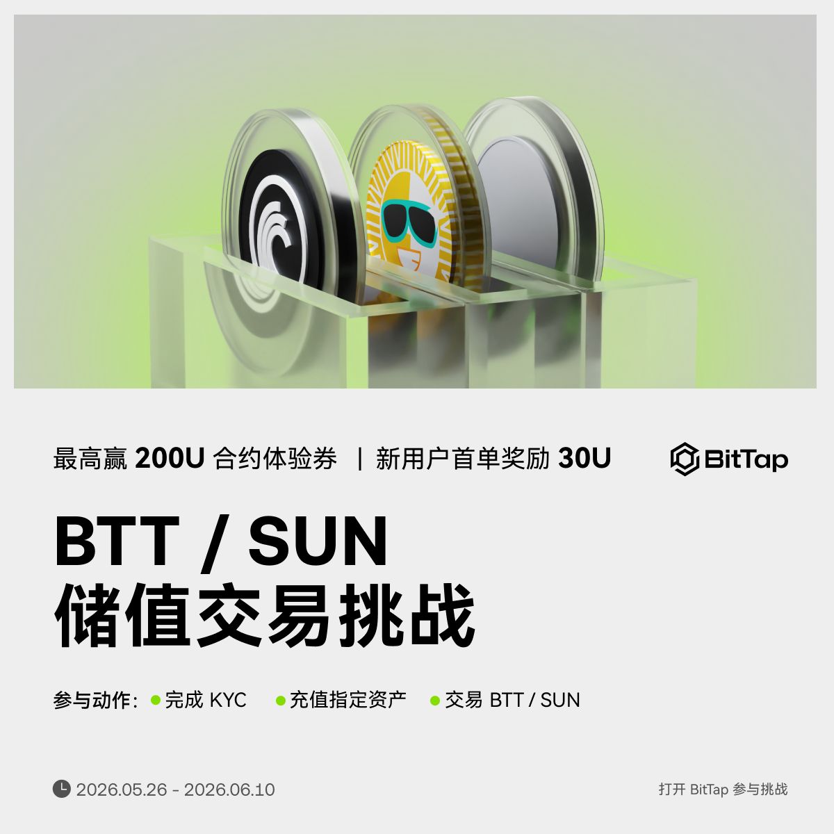 BitTapZH's tweet photo. BTT / SUN 储值交易挑战已开启。
完成 KYC 后参与指定任务,即有机会领取合约体验券奖励。
🎁 新用户首单:30U
🎁 阶梯挑战:最高 200U
📌 支持交易对:BTT/USDT、SUN/USDT
⏰ 活动时间:05.26 - 06.10(UTC+8)
完成充值 + 现货交易任务,解锁你的专属奖励。
详情以活动公告为准。
#BitTap #BTT #SUN