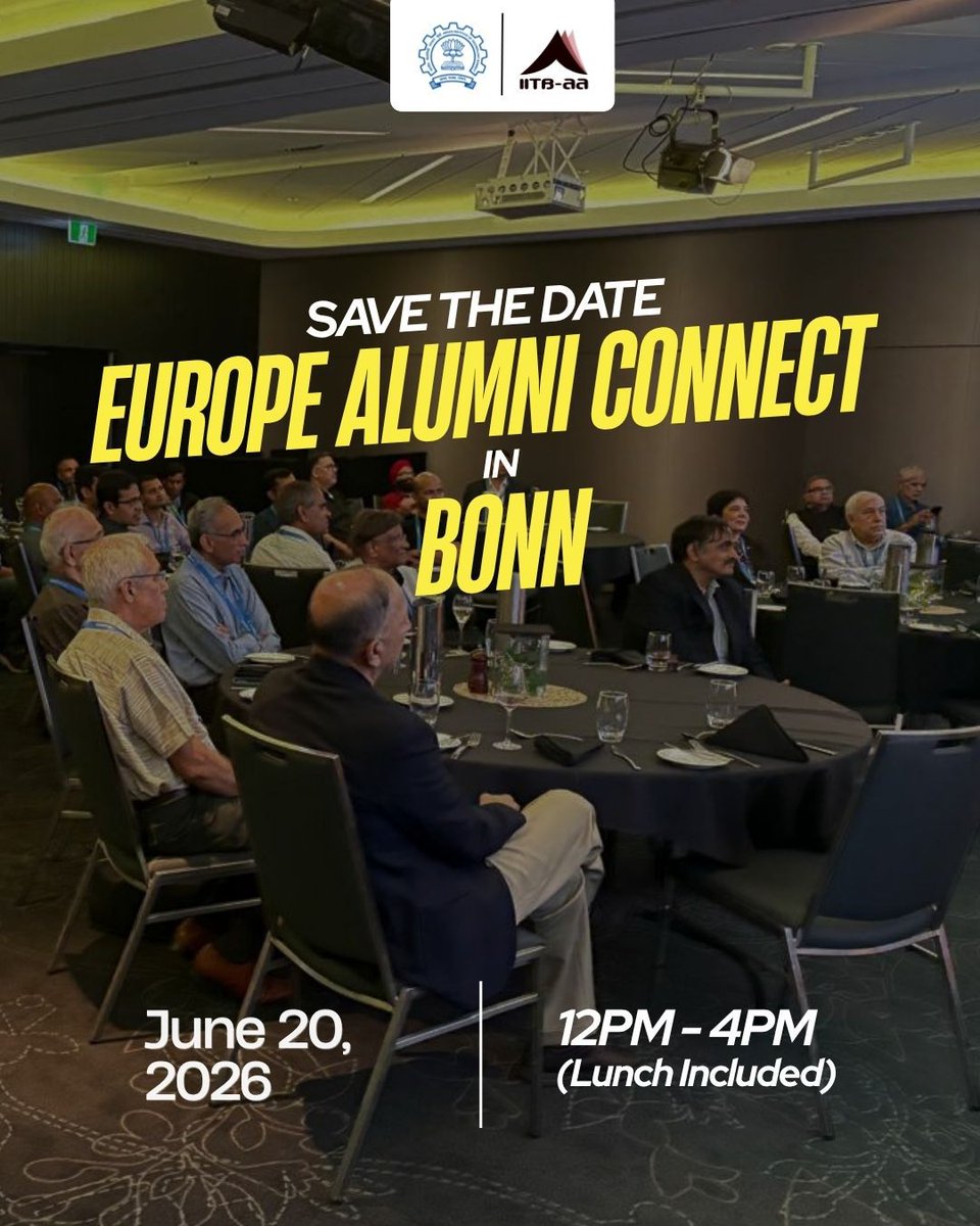 DeanACRIITB's tweet photo. From Powai to Bonn, the IIT Bombay community comes together once again.

@iitbombay, together with the @IITBAA_Official, invites alumni to the Europe Alumni Connect 2026 in Bonn, Germany.

📍 Bonn, Germany | 📅 20 June 2026

Further details coming soon.
#IITBombay #IITBAA https://t.co/GqGXLRhukT