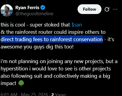 KingMemesDev's tweet photo. His goal for SAN tokens in the future are to donate and save rainforests.

Bags will never run, no one wants to buy a SAN on bags 

We can onboard him to a pump one for a good cause, SAN was an OG giga runner (9figs) https://t.co/YbN6mMxHA9