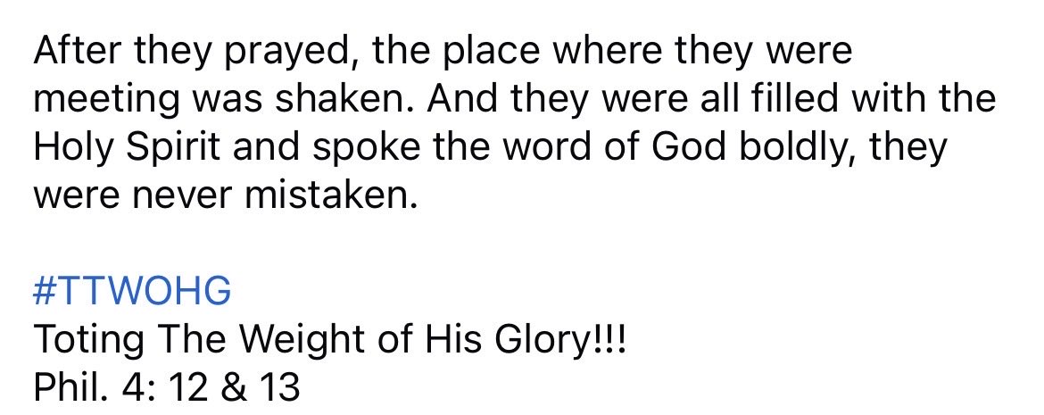 dunham82's tweet photo. Acts 4:31

“After they prayed, the place where they were meeting was shaken. And they were all filled with the Holy Spirit and spoke the word of God boldly.” https://t.co/yInhbU6J2n