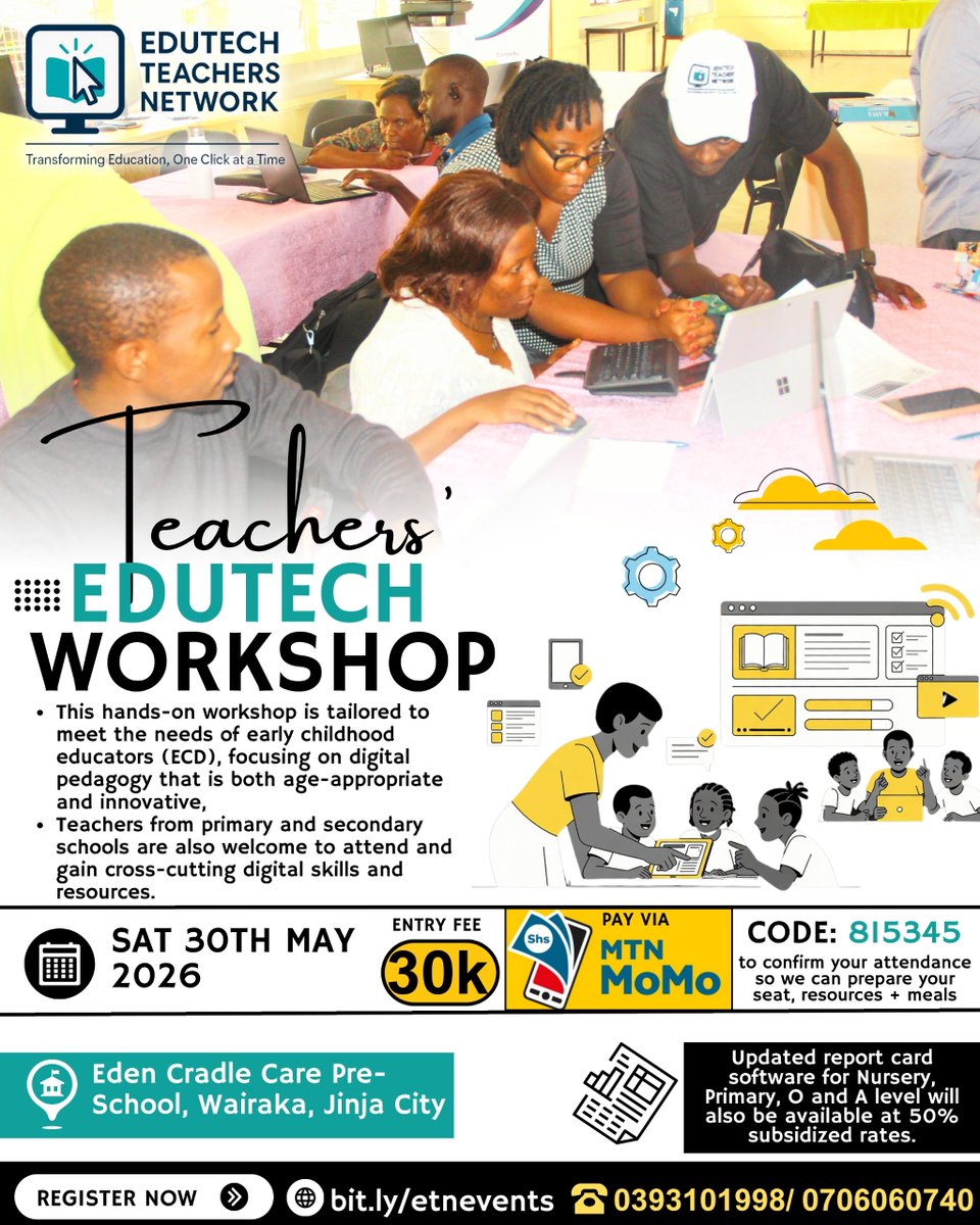EduTechTrsNet's tweet photo. This Saturday, we will be in Jinja for a an #EduTech Workshop for #EarlyChildhoodEducators. 

Get to learn digital skills, innovative teaching strategies &amp; approaches to integrating #ICTinEducation.    

🗓️30th May
📍Eden Cradle Care Pre-Sch  

Register➡️  https://t.co/3d5Wus1Jnj https://t.co/gyEZATnvTr