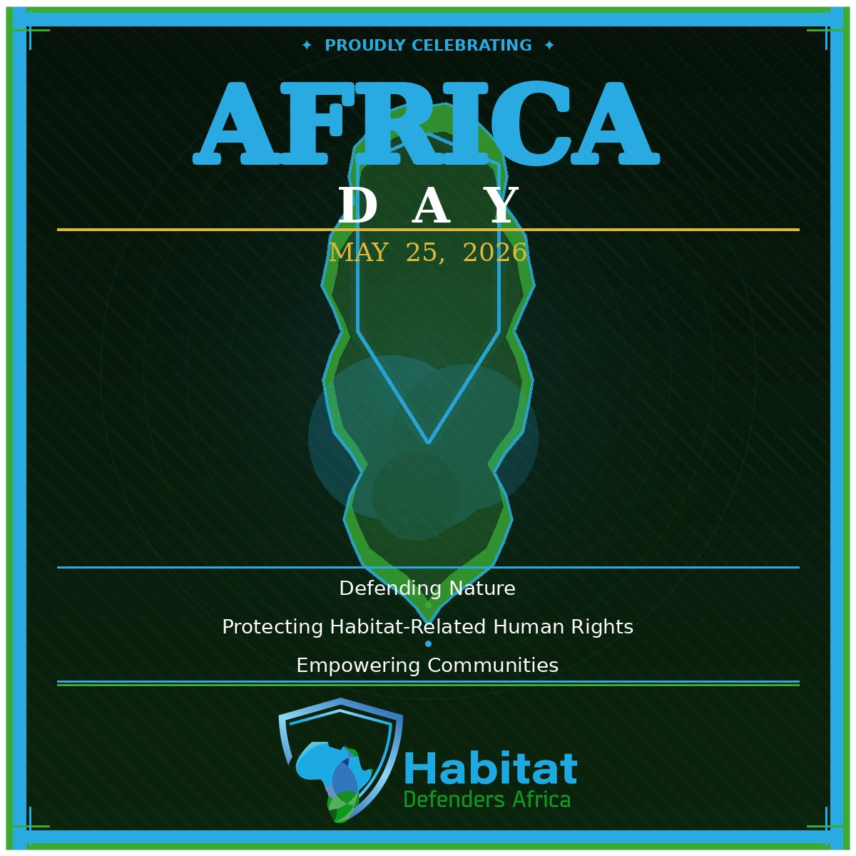 HabitatDefend's tweet photo. On Africa Day 2026, HDA stands in solidarity with communities across Africa.

Defending nature and defending people is one struggle.

🌿 Defending Nature
⚖️ Protecting Habitat Rights
✊ Empowering Communities
Happy Africa Day. The work continues. 🛡️🌱
#AfricaDay #AfricaRises #HDA https://t.co/pXfrbqmKpJ
