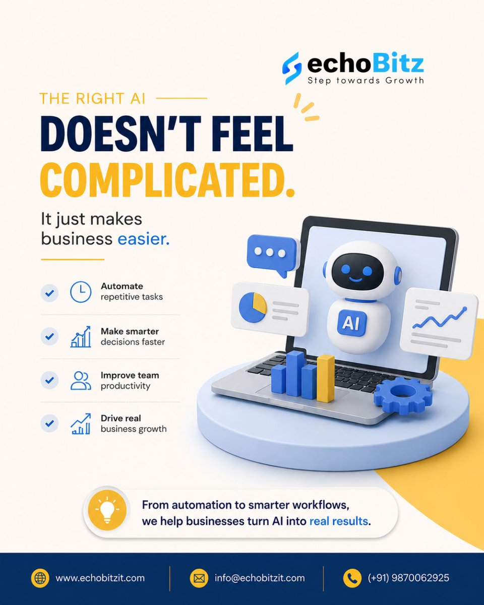 echoBitzIT's tweet photo. AI should make business easier, not harder. 🤖

Less manual work.
Smarter workflows.
Better productivity.

#AI #Automation #ERP #echoBitz https://t.co/x2mg8ubOH6