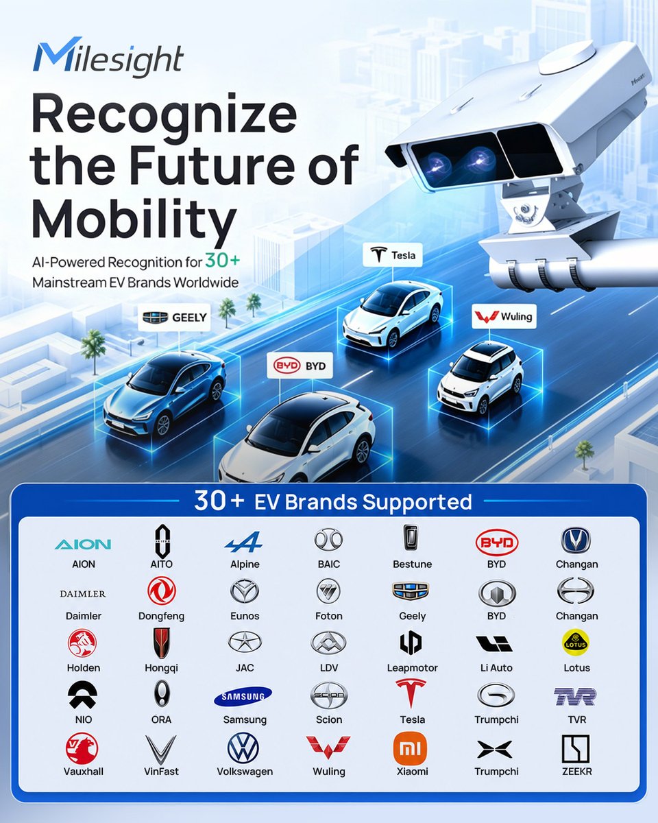 Milesight's tweet photo. Milesight Intelligent Traffic Cameras now support recognition for 𝟑𝟎+ 𝐦𝐚𝐢𝐧𝐬𝐭𝐫𝐞𝐚𝐦 𝐄𝐕 𝐛𝐫𝐚𝐧𝐝𝐬, helping traffic and parking systems better identify emerging vehicle types.

🔗 Learn more about Milesight ITS:
https://t.co/GKkgWaNiO1 https://t.co/WS55h6tr8y