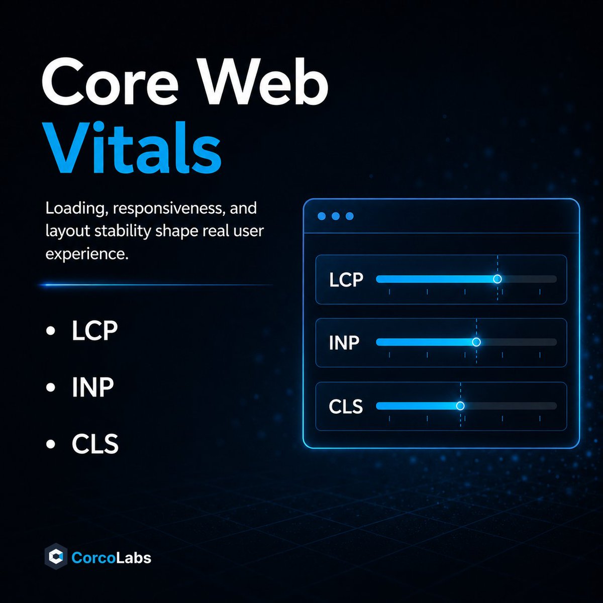 corcolabs's tweet photo. Core Web Vitals still matter.

LCP.
INP.
CLS.

If those are weak, users feel it.

Guide:
 https://t.co/Uzq2nsotcc

#WebPerformance #WebDev https://t.co/wx223AYNOL