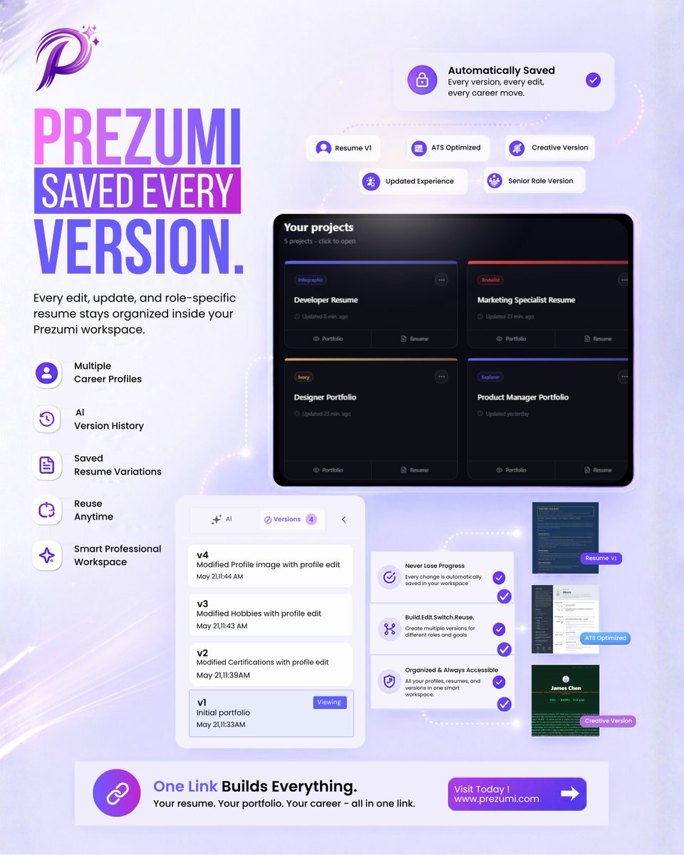 Prezumi_AI's tweet photo. Your ATS resume. Your creative version. Your senior role edit.
All saved. All organized. All in one link.
Prezumi remembers every version, so you don't have to. 🔖
#Prezumi #ResumeBuilder #AIResume #JobSearch #CareerTips https://t.co/VNBkQif4WS