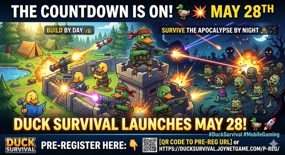 sas5881's tweet photo. The countdown is ON! 🦆💥 Build by day, survive the zombie apocalypse by night. Duck Survival officially launches on May 28th!

Time to gear up the squad and get those laser cannons ready. Who else is dropping in on Day 1? 🧟‍♂️🏹

#DuckSurvival #DuckSurvivalLaunch #MobileGaming https://t.co/tasMznLt4d