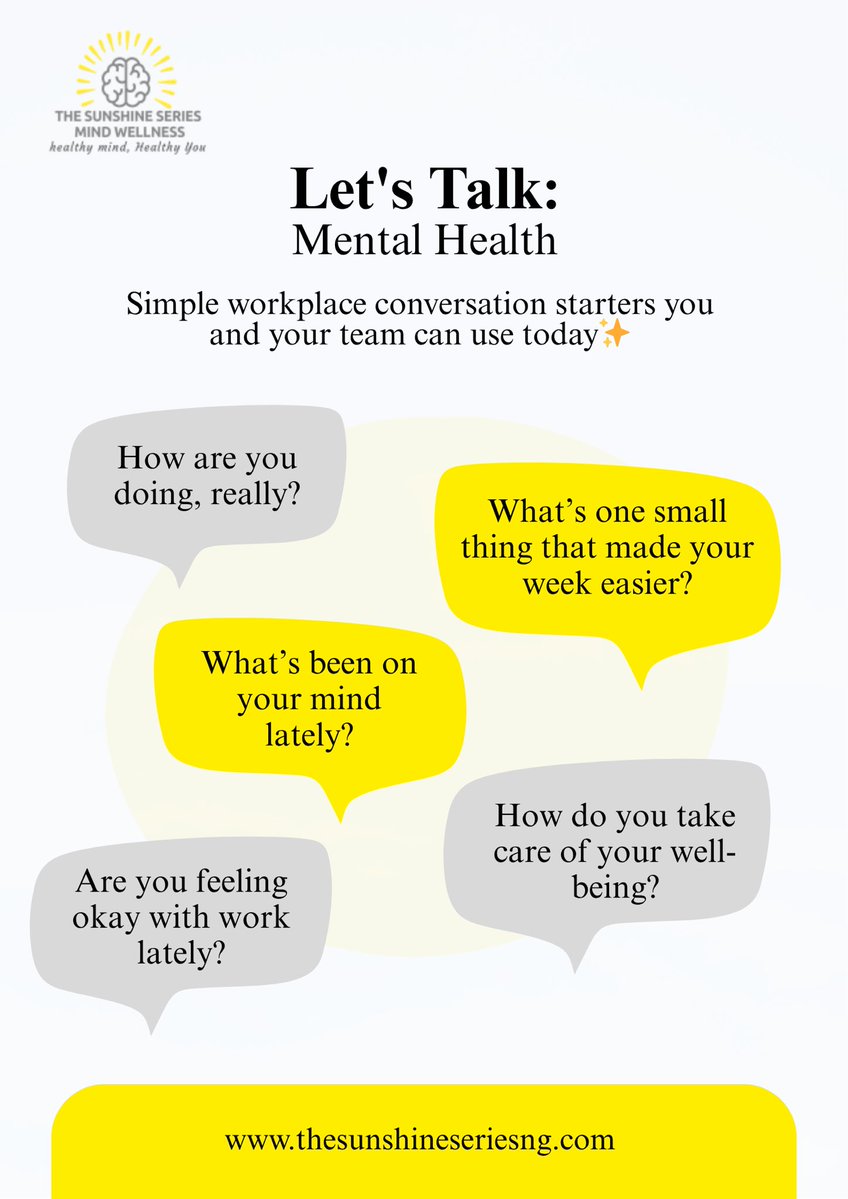 _sunshineseries's tweet photo. Simple conversations can make employees feel seen, heard, and supported ✨

Healthy workplaces start with safe spaces for honest conversations and wellbeing support.

Send us a message to learn more.

#thesunshineseries #EmployeeWellness #MentalWellbeing #MentalHealthAtWork https://t.co/DLdlz7V42x