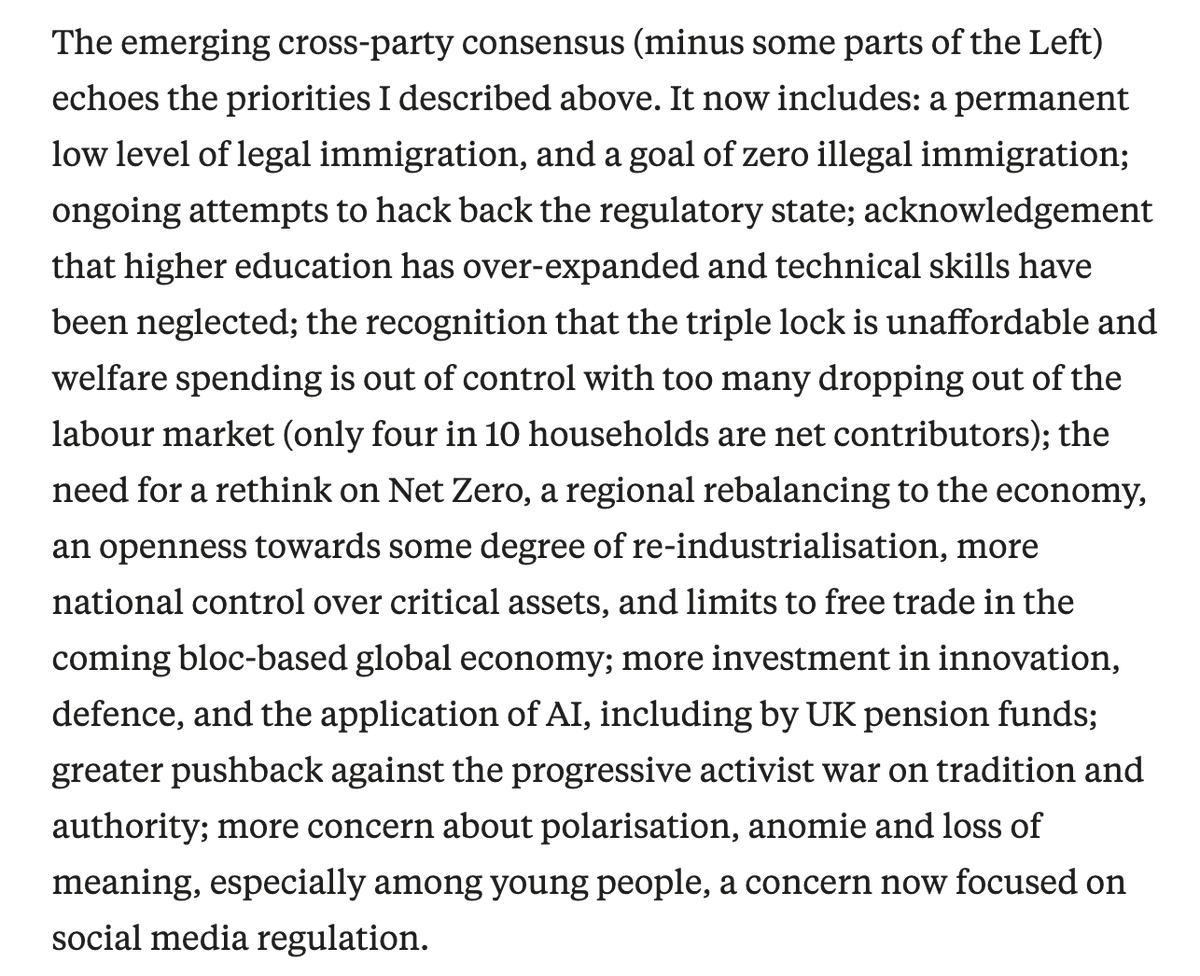 tomough's tweet photo. David Goodhart in UnHerd on the new consensus. Drastically lowered immigration; reindustrialiation; lowered welfare spending; a rethink of Net Zero; a new recognition of modern anomie. https://t.co/Go6UJguTps