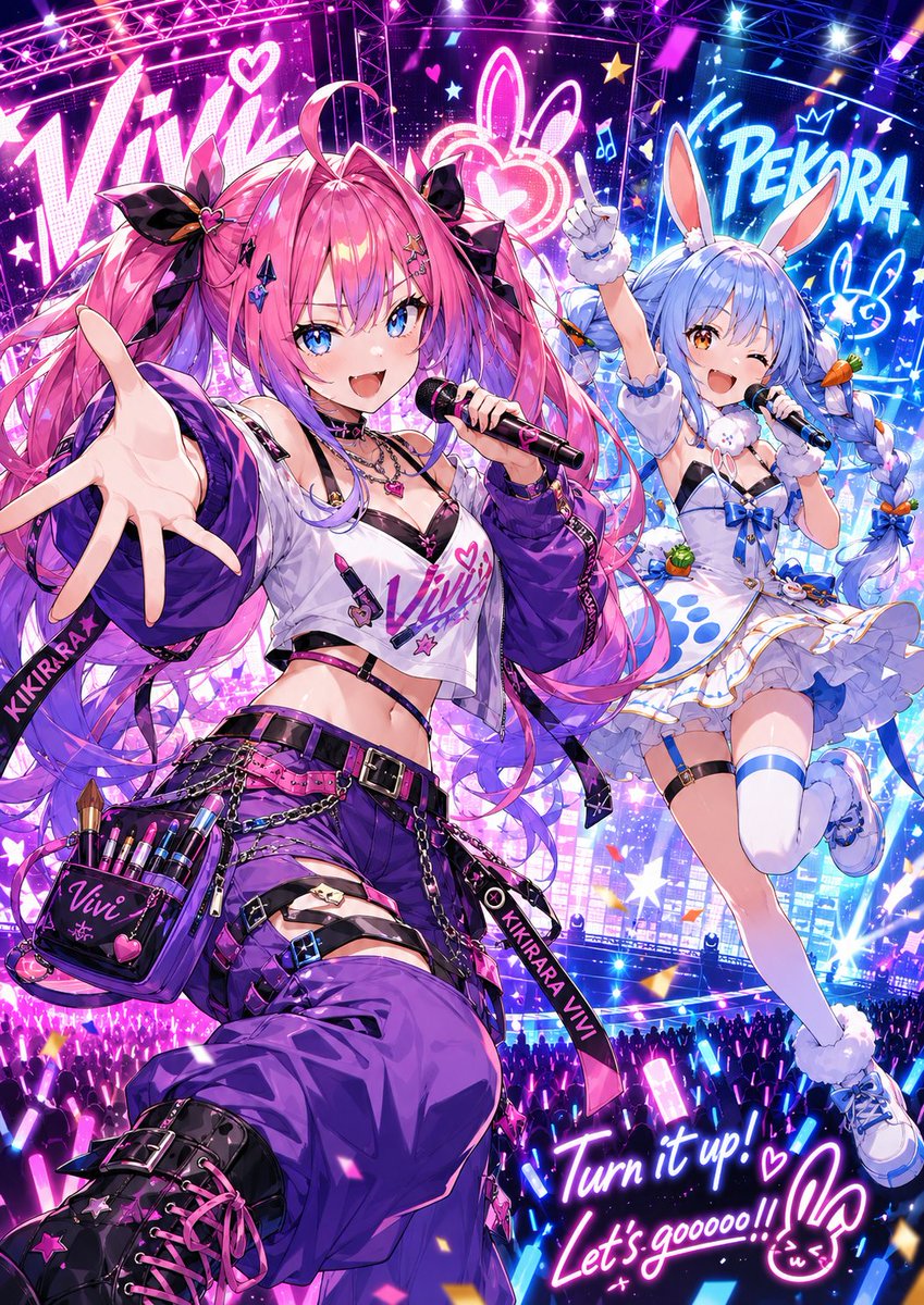 yume00112211's tweet photo. リクエスト品
ヴィヴィ、ぺこらに突撃ううう！！
……からの、まさかの最強ライブステージへ
追いかけっこしてる時も、ステージで歌ってる時も、
この2人の温度差と相性が可愛すぎる。

Vivi × Pekora
NEON COOL DUO LIVE STAGE
#AIart️️️️️️️️️️️️️️️️️️️️️️️️️️️️️️️️️️️️️️️️️️️️️️️️️️️ #Aiイラスト好きと繋がりたい