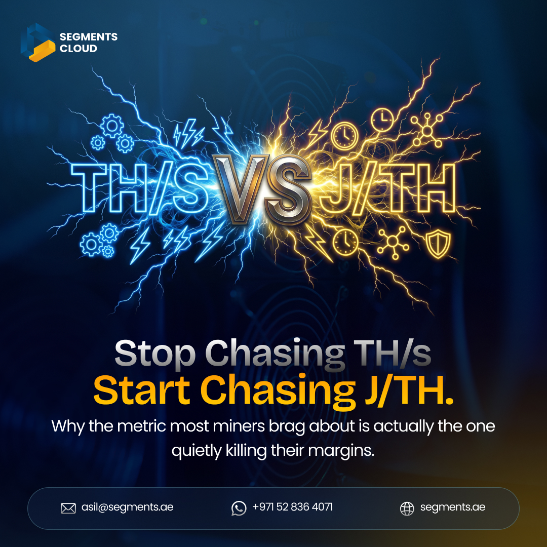 SegmentsCloud's tweet photo. If you're still buying mining hardware based on TH/s, you're buying a vanity project—not a business.

TH/s tells you how much you mine. 
J/TH tells you how long you survive mining. 

One metric is vanity. The other is oxygen.

Stop chasing raw hashrate. Start chasing efficiency.  

Here is why the best Bitcoin miners don’t buy machines—they buy margins. 👇