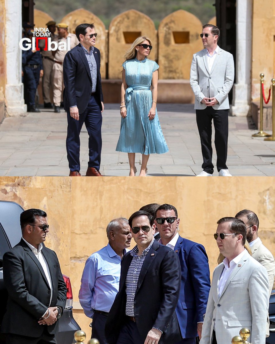 ITGGlobal's tweet photo. #InPic: US Secretary of State Marco Rubio received a traditional Rajasthani welcome at Jaipur’s Amer Fort, where he watched Ghoomar, Kalbeliya and Kachhi Ghodi dance performances alongside his wife Jeanette Rubio.

#MarcoRubio #Jaipur #AmerFort #Rajasthan #IndiaUS #IndiaTodayGlobal