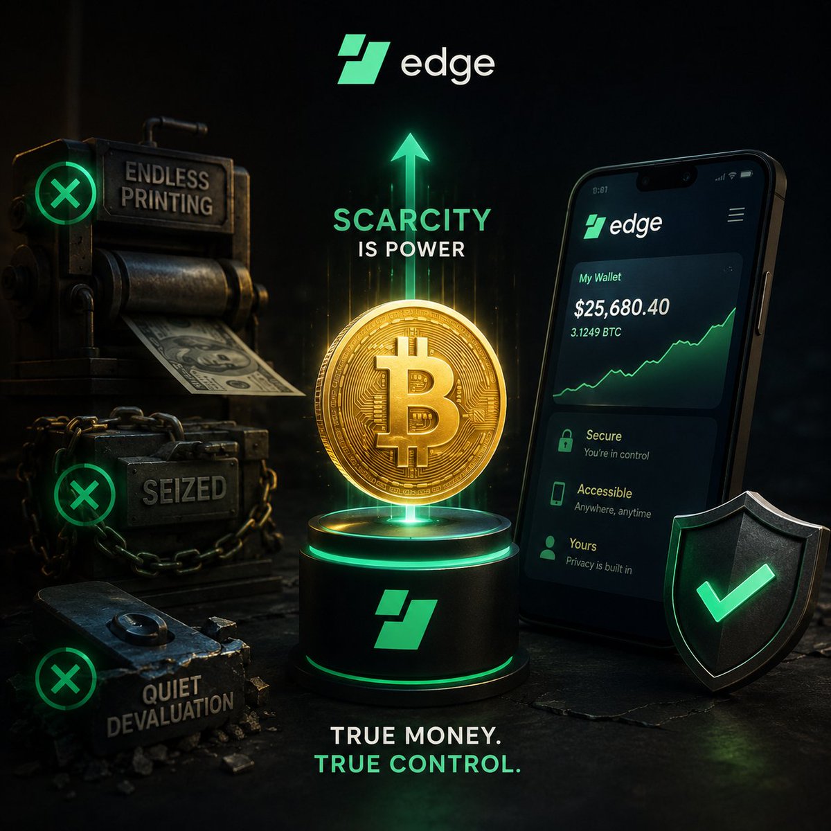 Shamex_Ent's tweet photo. Bitcoin isn’t just about price.

It’s the first money that can’t be printed, seized, or quietly devalued.

In a world of endless supply, scarcity becomes power.

And with @EdgeWallet, that power stays simple - secure, accessible, and truly yours. https://t.co/zunYXc0WXA