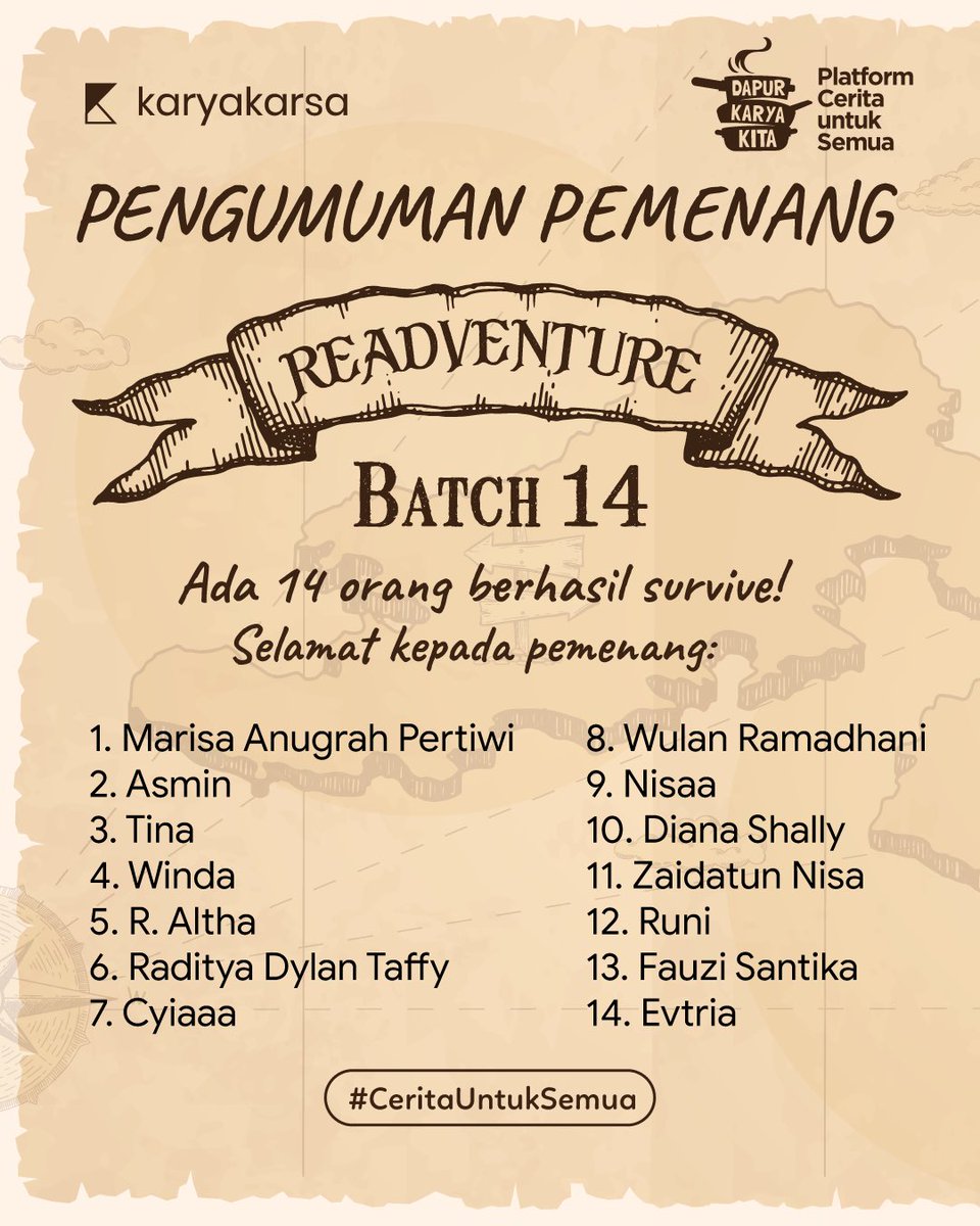 karyakarsa_id's tweet photo. SELAMAT KEPADA PARA PEMENANG 200 KAKOIN!!!👏✨🎉

Peserta READVENTURE #batch14 

Bagi pemenang, pastikan email yang kamu daftarkan sudah sesuai dengan email akun KaryaKarsa kamu, ya! 

Jika ada perbedaan bisa langsung konfirmasi melalui DM ya. 
Ditunggu hadiahnya dari Minka! 

#KaryaKarsa #pengumumanpemenang #TantanganMembaca