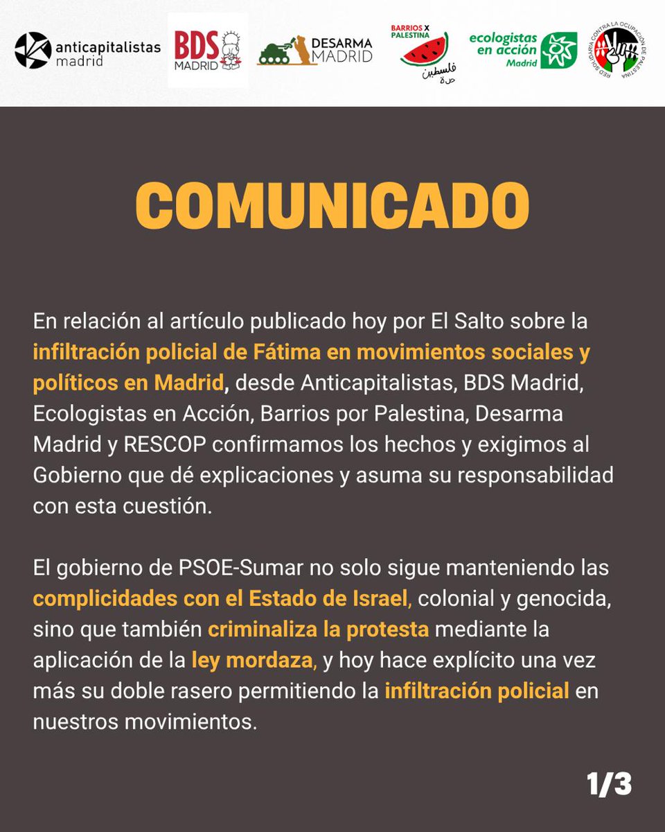BDSMadrid's tweet photo. ‼️COMUNICADO.
Ninguna violencia del Estado conseguirá arrebatarnos nuestra fuerza colectiva. 

✊🏽🇵🇸 Seguimos luchando y cada vez más fuertes y organizadas hasta lograr el fin de todas las complicidades con Israel y hasta la descolonización y la liberación de Palestina. https://t.co/8wYmu9zjK7