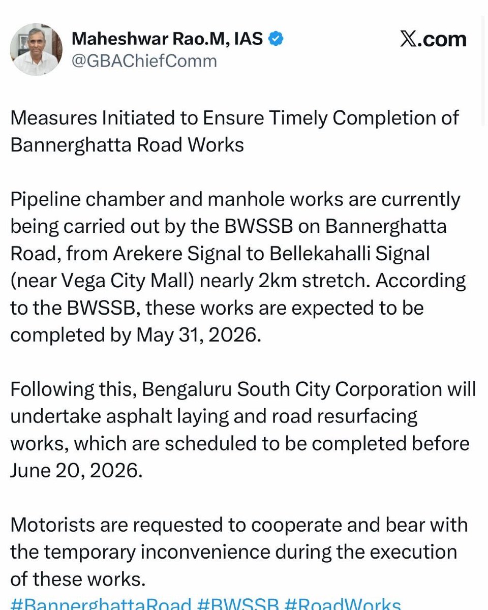 VishnuBengaluru's tweet photo. T-MINUS 25.

Again, nothing has changed! ☹️

Not one visible piece of work has started on Bannerghatta Road!

For one full week, residents have waited after a clear deadline was given. But the road remains broken, pipes remain on the footpath, and pedestrians continue to be pushed onto a dangerous high-speed corridor.

Dear Mr. Ram Prasath Manohar, Chairman - BWSSB, we are being told that this has to be sorted by your team. @bwssbchairman @GBAChiefComm

So citizens deserve a clear answer:

Why has nothing moved yet?

What exactly should residents do now?

How long should people continue suffering because of the failure and lack of coordination of our civic authorities?

Bannerghatta Road does not need more excuses. It needs work on the ground.

BNP will continue tracking this every single day till June 20th.

One road. One promise. One deadline.

#BannerghattaRoad #Bengaluru #BDA #GBA #BBMP #BNP #CivicAccountability #OurRoadOurRightOurFight