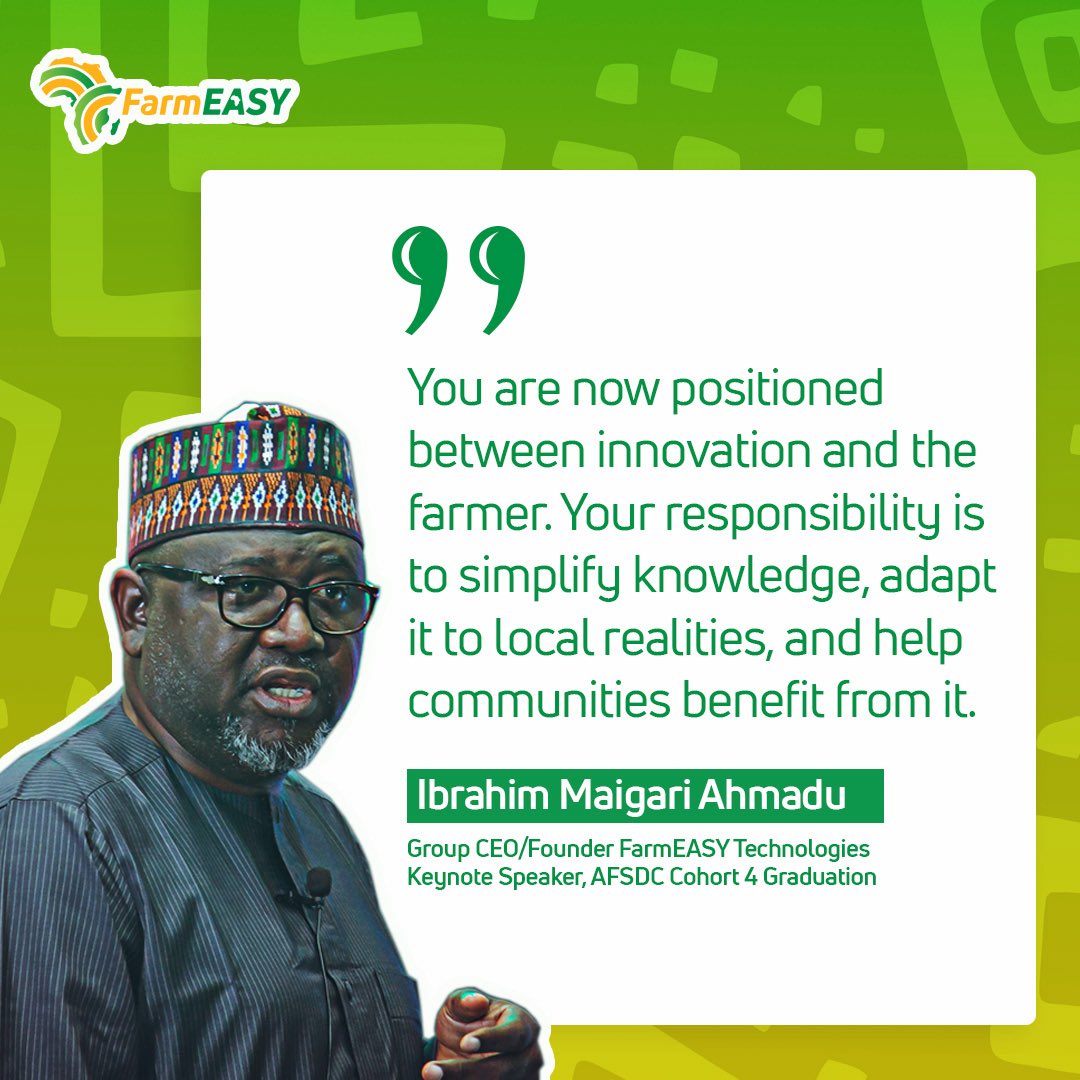 farmeasyng's tweet photo. Key takeaway from the AFSDC Cohort 4 Graduation by our Founder, @IbrahimMaigari1 .

True innovation in agriculture isn’t just about technology — it’s about adapting knowledge to serve our farmers and communities effectively.

Proud to lead this mission.

#afsdc #farmeasy https://t.co/m8Usgq6ELz