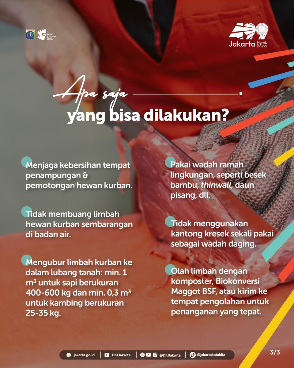 DKIJakarta's tweet photo. Buat Sobat Jakarta yang akan berkurban pada Iduladha nanti, yuk terapkan Eco Qurban sesuai Pergub No. 10 Tahun 2022.

Dengan begitu ibadah kurban lebih nyaman, tertib, dan tidak mencemari lingkungan.  

Untuk tahu apa saja yang bisa dilakukan dalam penerapan eco qurban, simak infografik berikut, ya! 

#dkijakarta #JagaJakarta #JakartaKotaGlobal