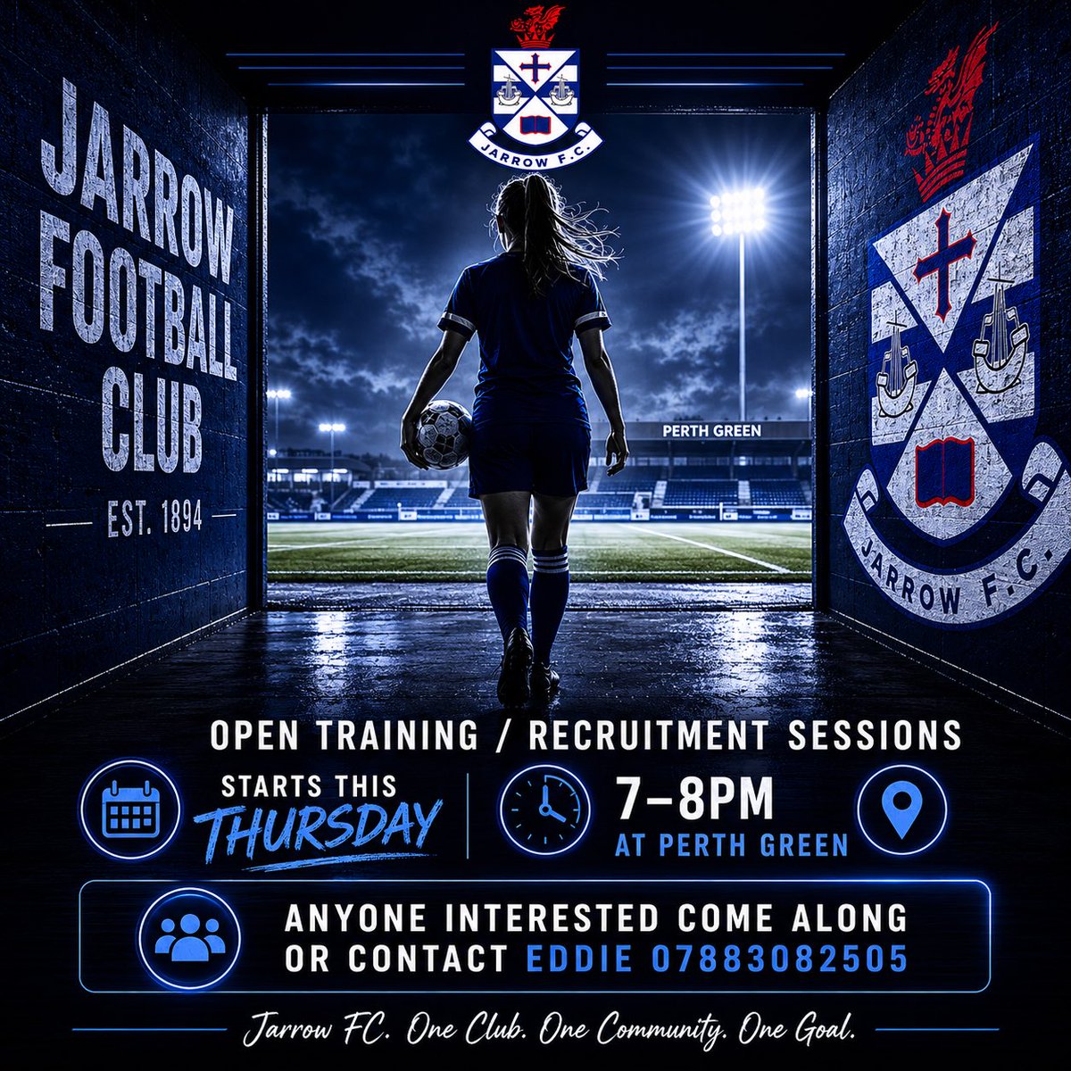 jarrow_fc's tweet photo. JARROW LADIES!! ⚽️

🗣️ “Open training/recruitment sessions start this Thursday 7-8pm at Perth Green. Anyone interested come along or contact Eddie 07883082505!!”

#SupportYourLocalTeam 

⚽️⚪️🔵⚪️🔵⚽️ https://t.co/4zGEKvENbX