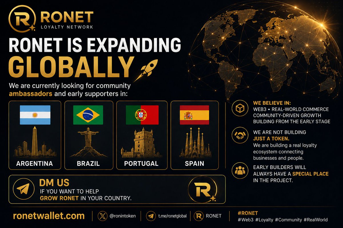 Ronintoken's tweet photo. 🌍 RONET is expanding internationally 🚀

We are currently looking for community ambassadors and early supporters in:

🇦🇷 Argentina
🇧🇷 Brazil
🇵🇹 Portugal
🇪🇸 Spain

If you believe in: ✔ Web3
✔ Real-world commerce
✔ Community-powered growth
✔ Building something from an early stage

…this could be your opportunity to become part of the foundation of a growing network.

We are not building only a token.
We are building a real loyalty ecosystem connecting businesses and people.

Early builders will always have a special place in the project. 🔥

DM us if you want to help grow RONET in your country.

#RONET #Web3 #Crypto #Blockchain #Argentina #Brazil #Portugal #Spain