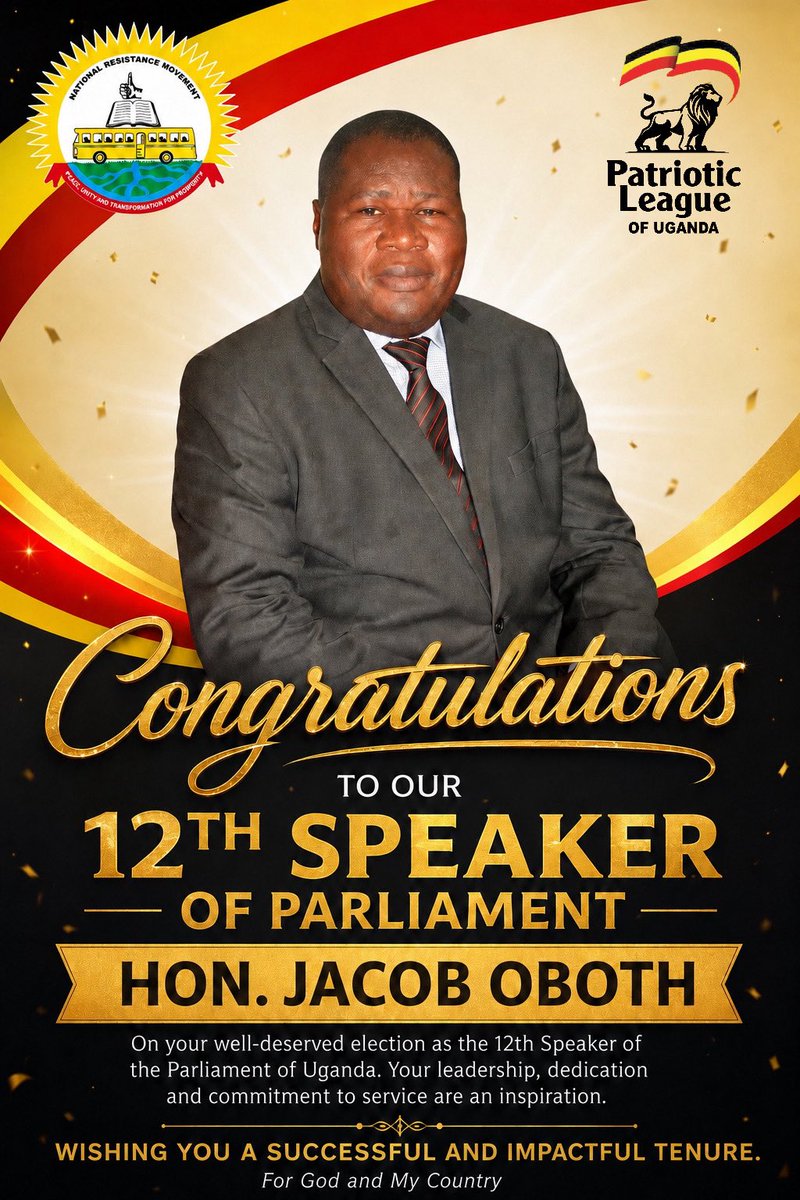 Plumedia1's tweet photo. Congratulations to NRM/PLU Speaker of Parliament 
Right Honorable Jacob Marksons Oboth Oboth @ObothOboth 
Well done Chairman Gen Muhoozi Kainerugaba @mkainerugaba this bold move will surely Eradicate corruption from Parliament once and for all…….. https://t.co/wPVRLZpMgZ