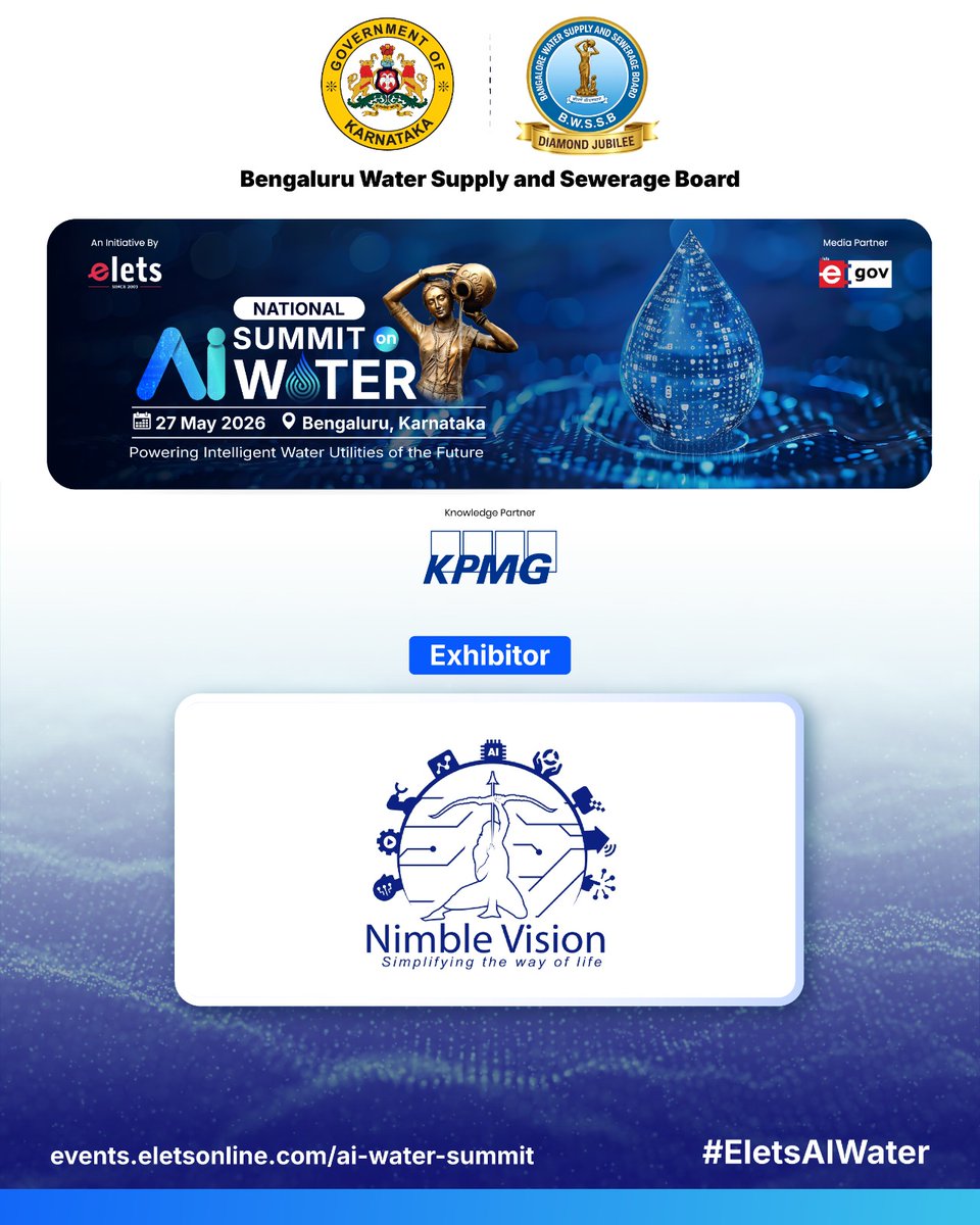 egovonline's tweet photo. We are pleased to welcome @NimbleVision as an 𝐄𝐱𝐡𝐢𝐛𝐢𝐭𝐨𝐫 at the National AI Summit on Water, being organised by the @chairmanbwssb in collaboration with @eletsonline and @KPMGIndia as the Knowledge Partner.

Know more: https://t.co/spFgV3Llo4 

#EletsAIWater #AI #BWSSB https://t.co/OnEP9xHWj1