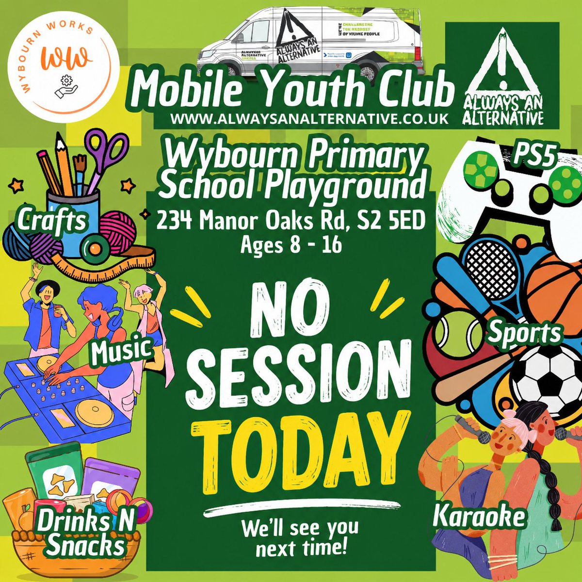 aaamindset's tweet photo. 🚏 MOBILE YOUTH CLUB UPDATE 🚏

Don't forget that there is no session today.  See you next week 💚

With more: 
🎨 Crafts
🎵 Music
⚽ Sports
🎤 Karaoke
🎮 Gaming
🥤 Drinks &amp; Snacks

Thanks for your continued support — see you all next session! 🙌

#MobileYouthClub #Wybourn https://t.co/C49vksFCnx