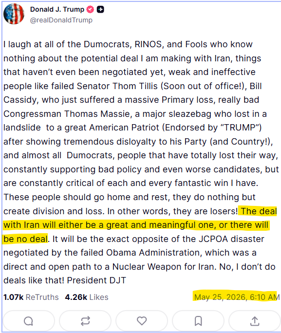 IntlStacker's tweet photo. 🚨Trump Draws Hard Line on Iran Deal!🪙

👉“The deal with Iran will either be a great and meaningful one, or there will be no deal.”

👉He’s making it crystal clear — no weak JCPOA-style agreement. Either it’s strong… or nothing at all.

👉This keeps massive uncertainty in the air as we start memorial day.

🚨Crustacean Nation: Deal or no deal? Either way, gold & silver love this kind of volatility.👀 How are you positioned right now? Drop your thoughts below!🦀

*Not financial advice. Stay stacked!
