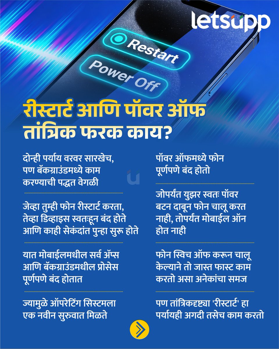LetsUppMarathi's tweet photo. तुमच्याही मनात कधी ना कधी फोन हँग किंवा स्लो झाल्यावर तो 'रीस्टार्ट' करावा की थेट 'पॉवर ऑफ' करावा? हा प्रश्न नक्कीच आला असेल तर ही माहिती एकदा वाचाच...
-
#phone #PHONEHANG #phonerestart #power #restart #information #phoneproblems #LetsUppNews #LetsUppMarathi https://t.co/kmGMYN2wOK